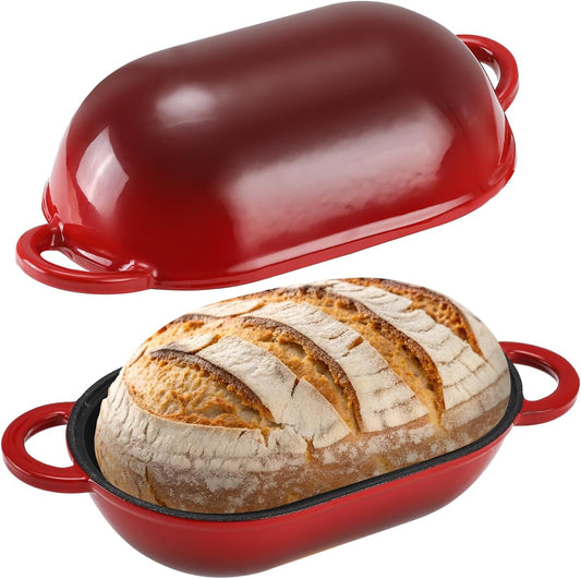 Enameled Cast Iron Bread Oven, 5QT Loaf Cast Iron Bread Pan with Lid, Oval Dutch Oven for Homemade Bread Baking (Gradient Red)