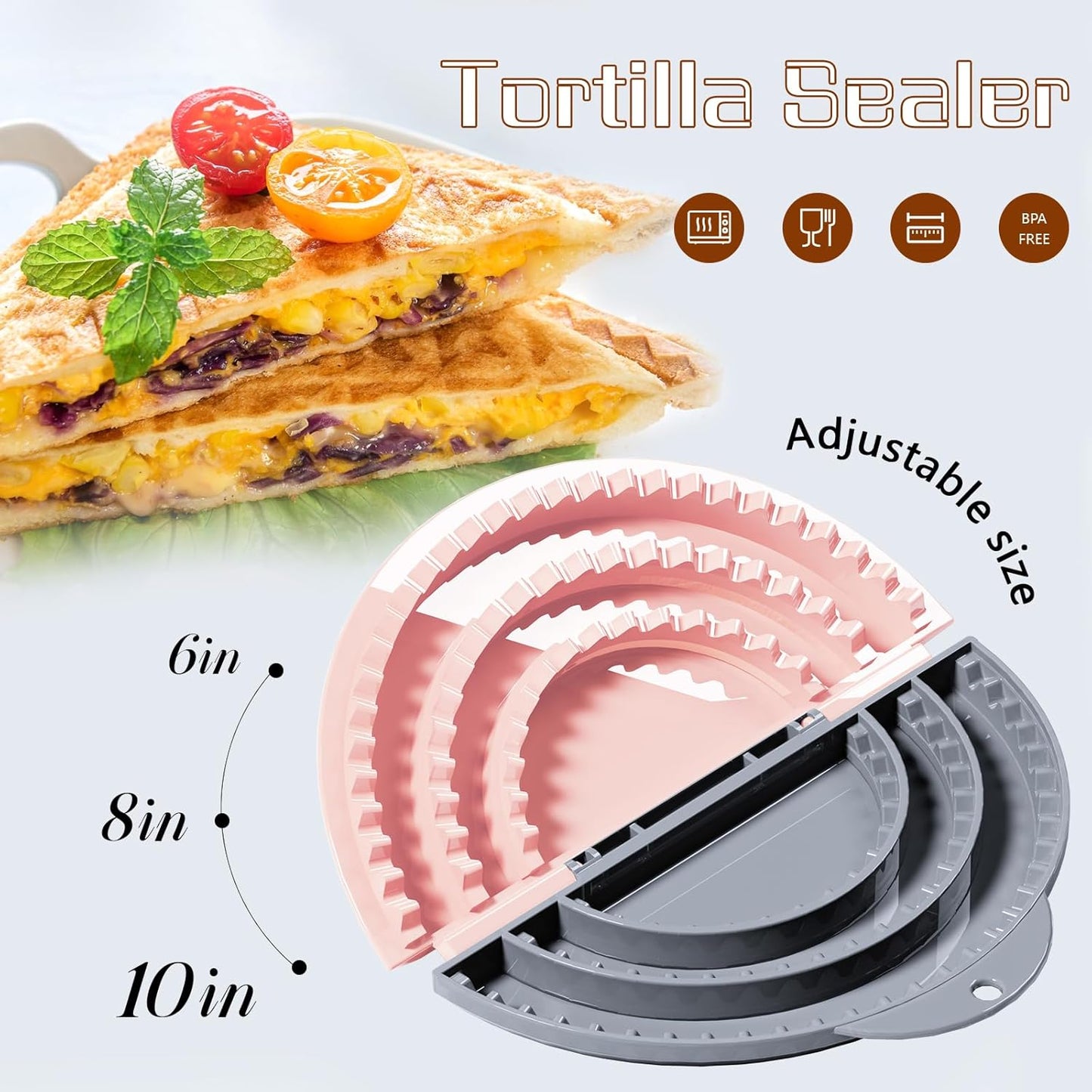 Tortilla Sealer,SELERS,Tacos tortilla crimper Maker Large,Removable & Adjustable 6"-8''-10" Crust,For Burritos,Pasties,Tortilla,Dumplings,Sandwich,Grey Pink (Grey Pink, 6"+8"+10")