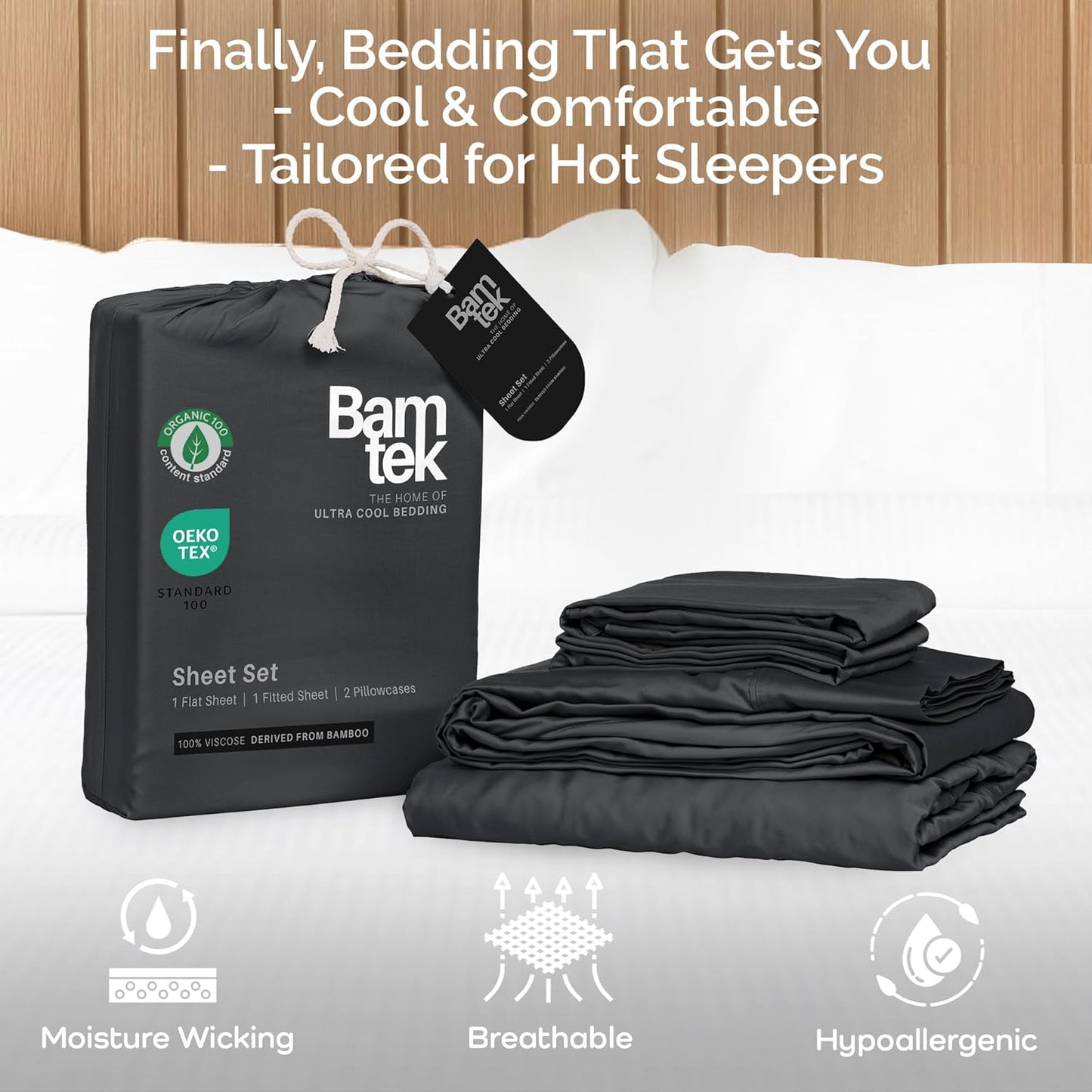 100% Viscose from Bamboo Sheets Queen Size, Super Soft Bedding Set, 4PC Cooling Sheets for Hot Sleepers, Vegan Silk Moisture Wicking, Organically Grown Bedsheet - Charcoal - 60" x 80"