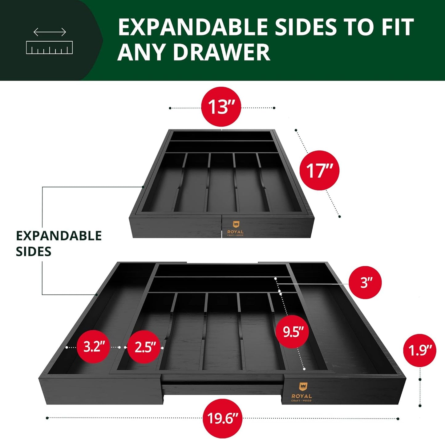 ROYAL CRAFT WOOD Luxury Bamboo Kitchen Drawer Organizer - Silverware Organizer - Utensil Holder and Cutlery Tray with Grooved Drawer Dividers for Flatware and Kitchen Utensils (9 Slot, Black)