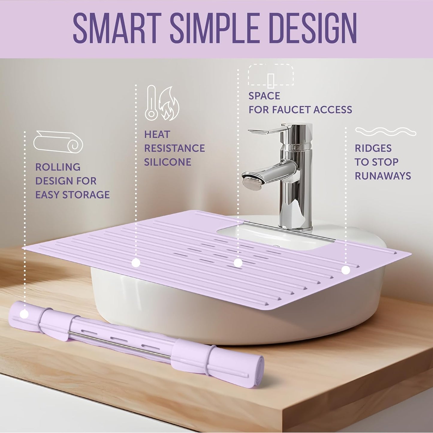Maplefield Lavender Foldable Sink Cover - Small 22 x 2 x 2 In Lavender Silicone - Heat Resistant Makeup Mat & Sink Cover for Counter Space - Space Saving Rectangle Countertop Topper