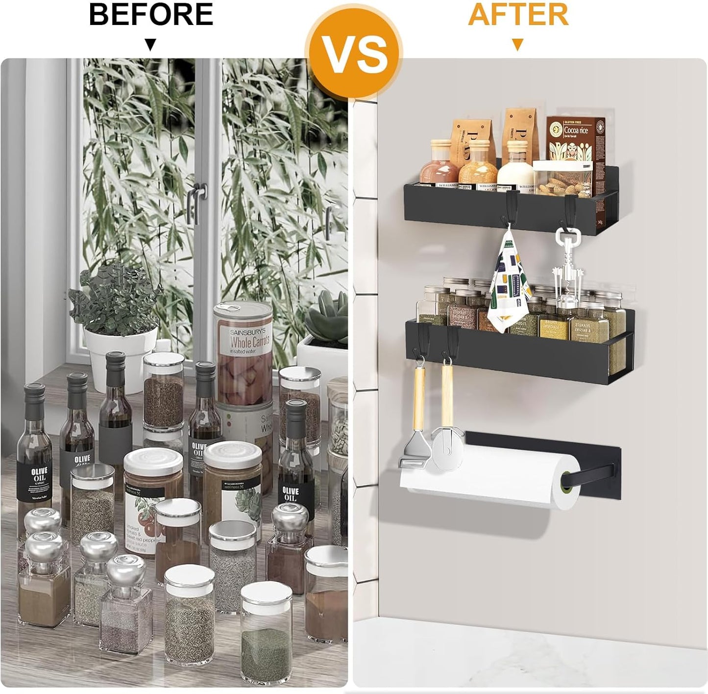 4 Pack Magnetic Spice Rack for Refrigerator,Metal Magnetic Shelf Black with Paper Towel Holder,Whiteboard,3 Markers,4 Hooks,Space Saving for Home,Kitchen