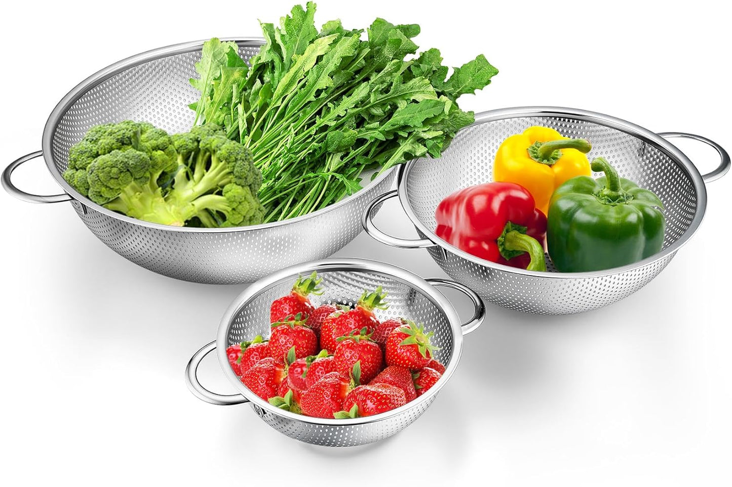 TeamFar Colander Set of 3, Stainless Steel Perforated Metal Colander Strainer with Handles for Spaghetti, Pasta, Berry, Rust Free & Dishwasher Safe - 1/3/5-quart