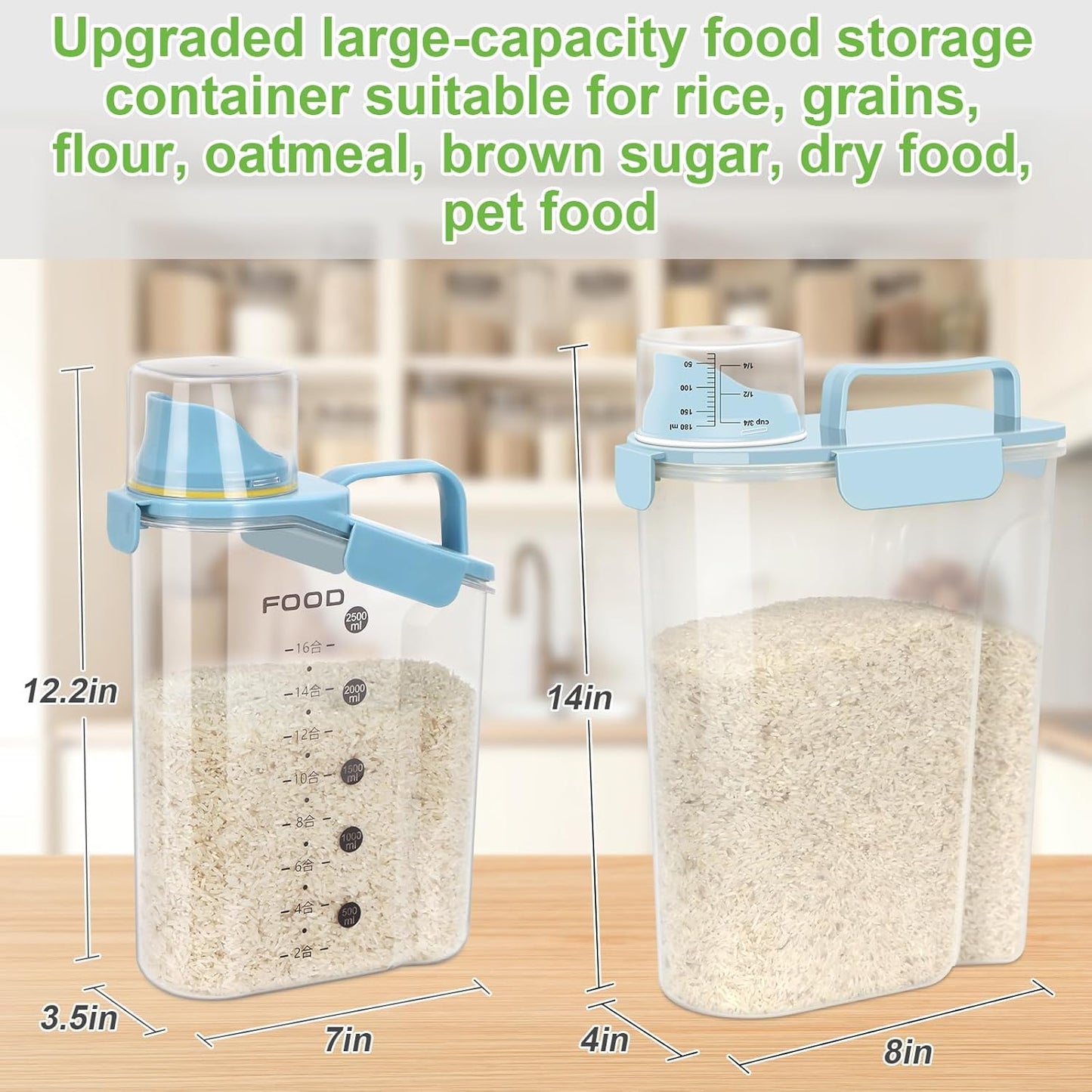 Rice Storage Container, Cereal Containers Storage, Dry Food Airtight Dispenser BPA Free, Clear Plastic Kitchen and Pantry Organization Bin (2, Blue, 3Qt)