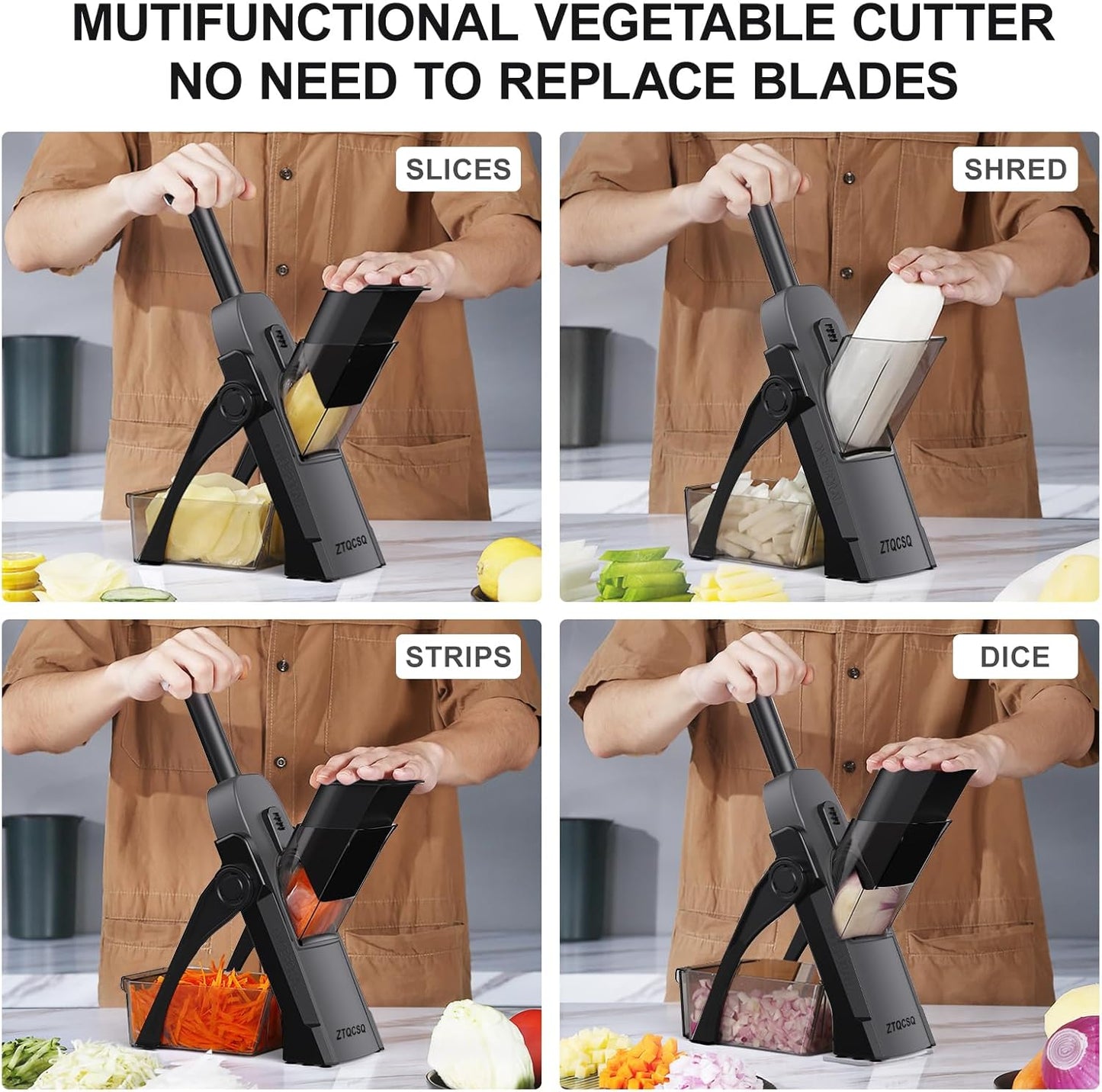 Safe Mandoline Slicer for Kitchen, Meal Prep,Potato Slicer, Adjustable/Easy to Clean/Storage, Kitchen Chopping Artifact,French Fry Cutter,Paring Knife/Cleaning Brush (only Slice, Black Knight)