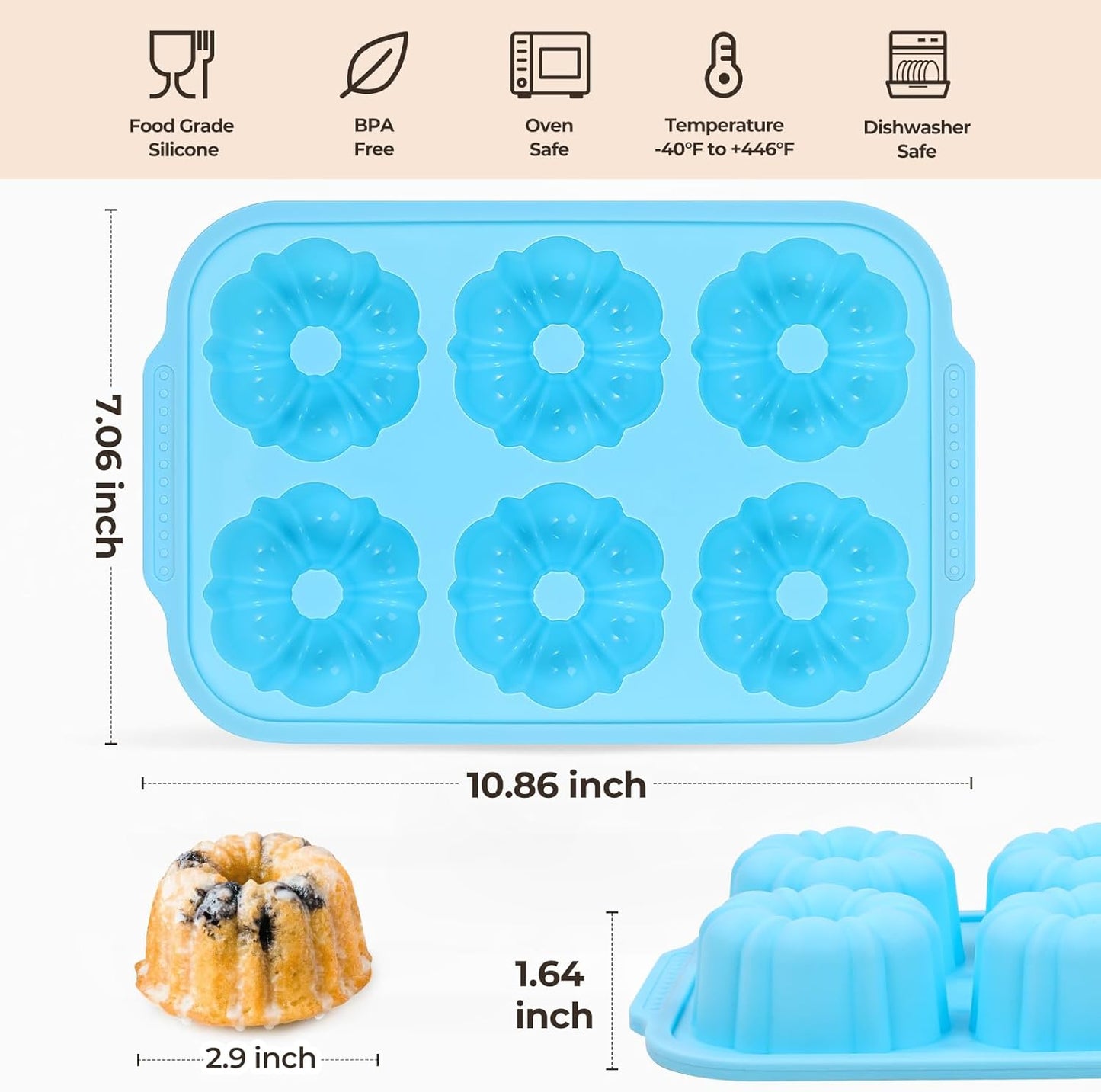 Mini Bundt Cake Pans for Baking, 2Pcs Silicone 6-Cavity Fluted Tube Cake Pan with Metal Reinforced Frame, Nonstick Baking Molds for Cupcake, Brownie, Donuts, Cornbread, Jello