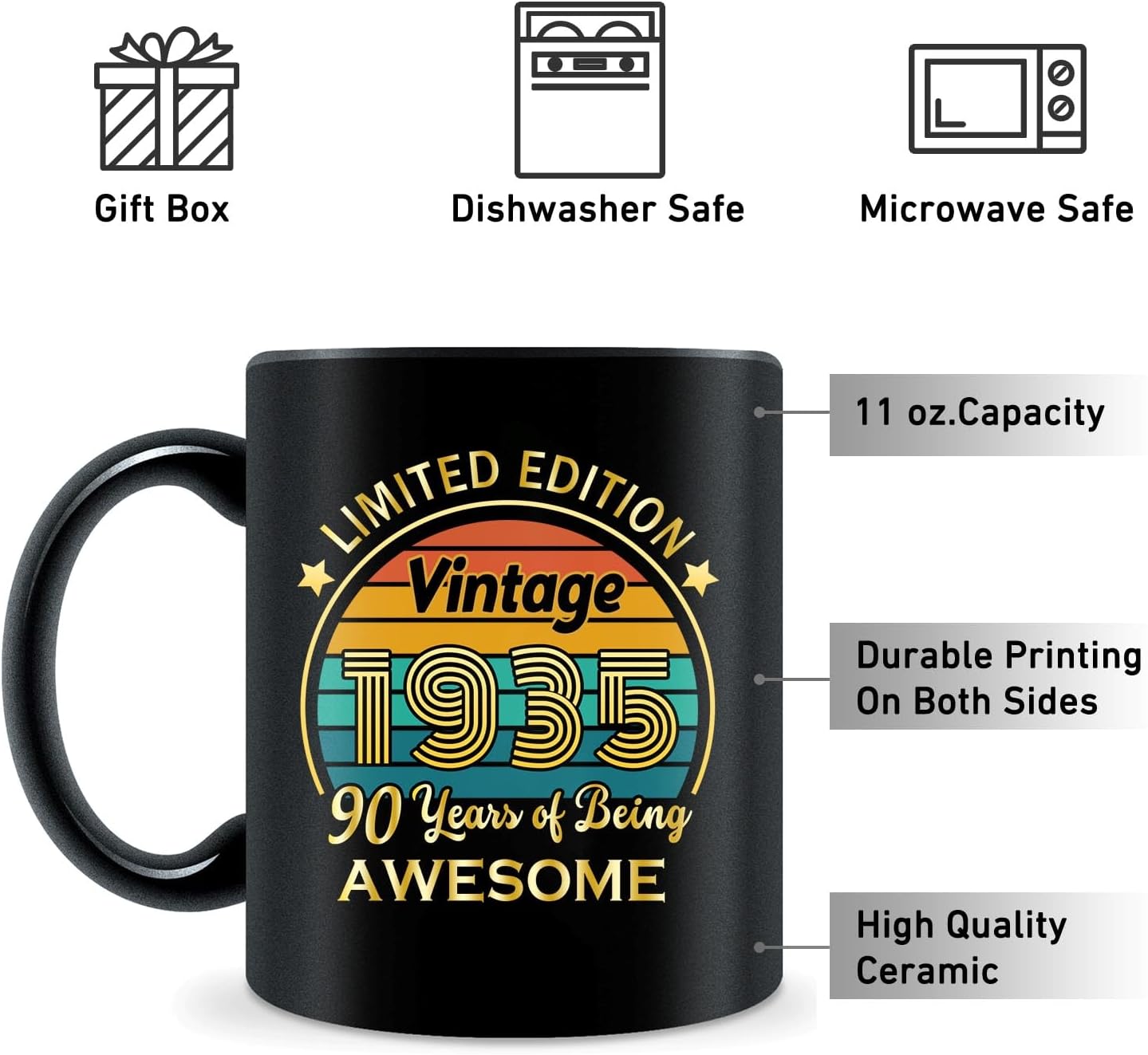 QUPT 90th Birthday Gifts for Women Men, 90th Birthday Gifts for Him, 1935 Birthday Gifts for Women Men, 90 Years Old Gifts, 1935 Birthday Gifts for Her Him, 90th Birthday Presents Coffee Mug