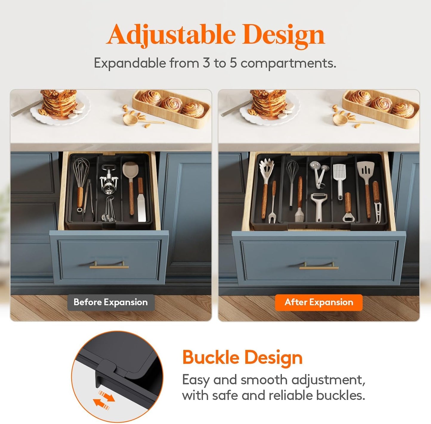 Lifewit Cooking Utensil Drawer Organizer, Expandable from 11 to 18 inches, Adjustable Cutlery Silverware Tray, Plastic Flatware Spatula Holder, Kitchen Tools Gadgets Storage Divider, Black