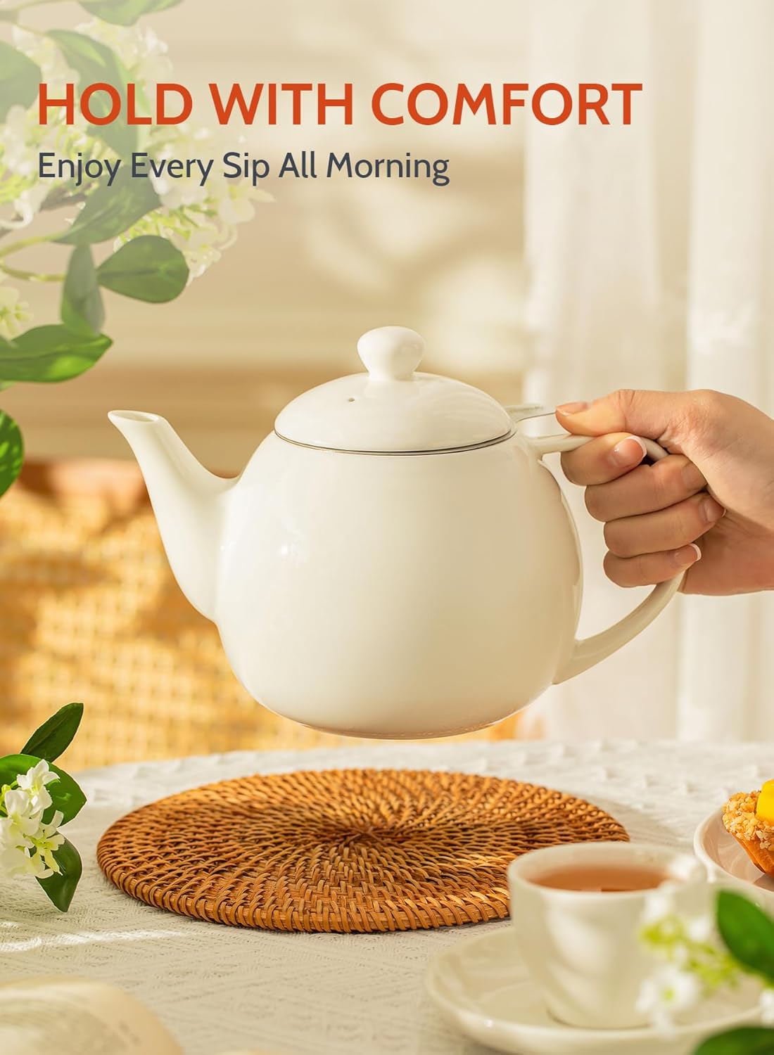 Sweese Teapots for Tea, 27 oz Porcelain Tea pot with Removable Stainless Steel Infuser, Tea Pots for Loose Tea - White