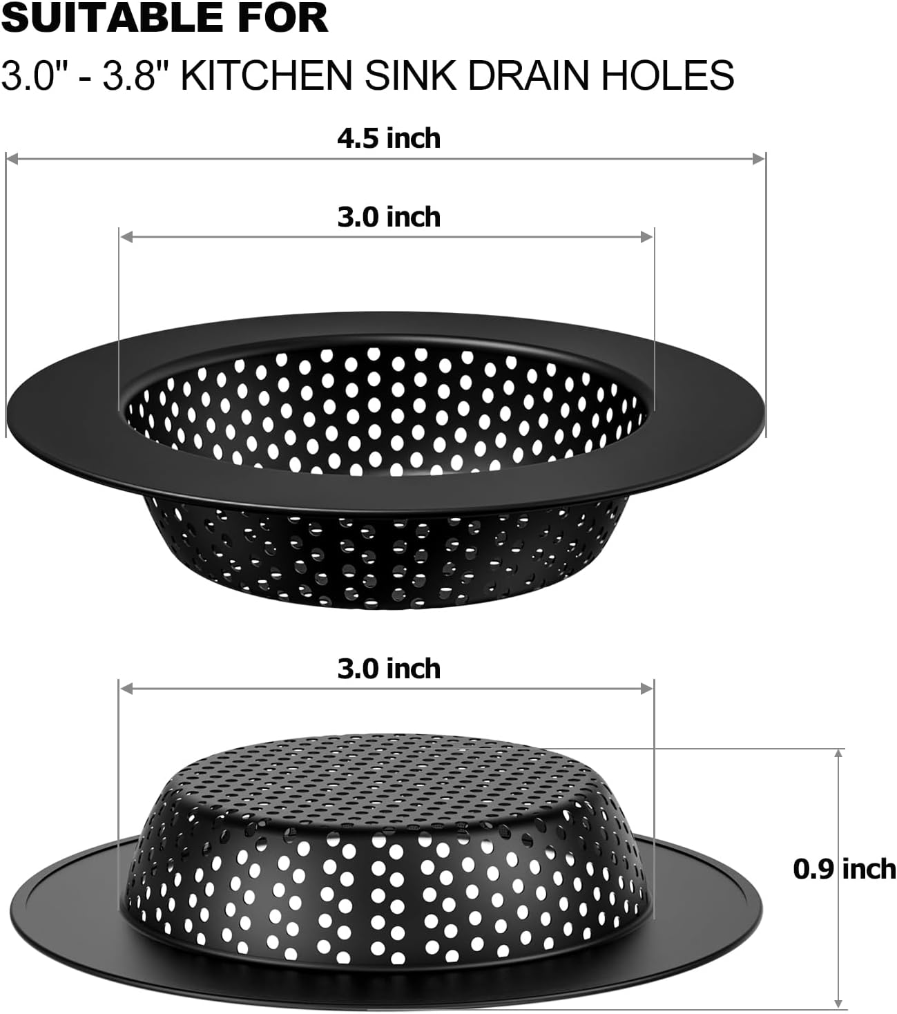 Black Kitchen Sink Drain Strainer, Sink Drain Cover, Food Catcher, Large Wide Rim 4.5" Diameter, Stainless Steel, Pack of 2