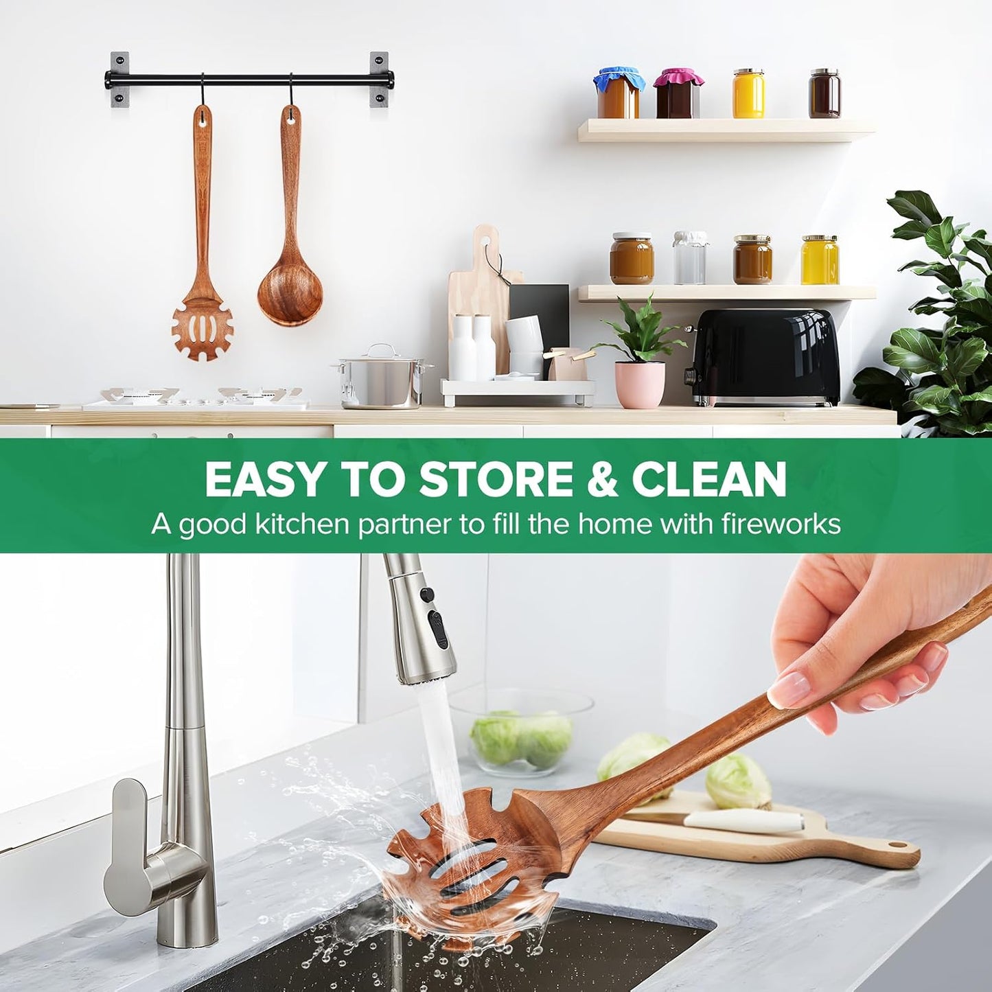 Wooden Pasta Spaghetti Spoon with Teeth, Teak Slotted Pasta Spaghetti Strainer Spoon for Cooking Serving Collecting, Wooden Pasta Fork Server Utensil with Claws, Wood Noodle Strainer,12.8″, Brown