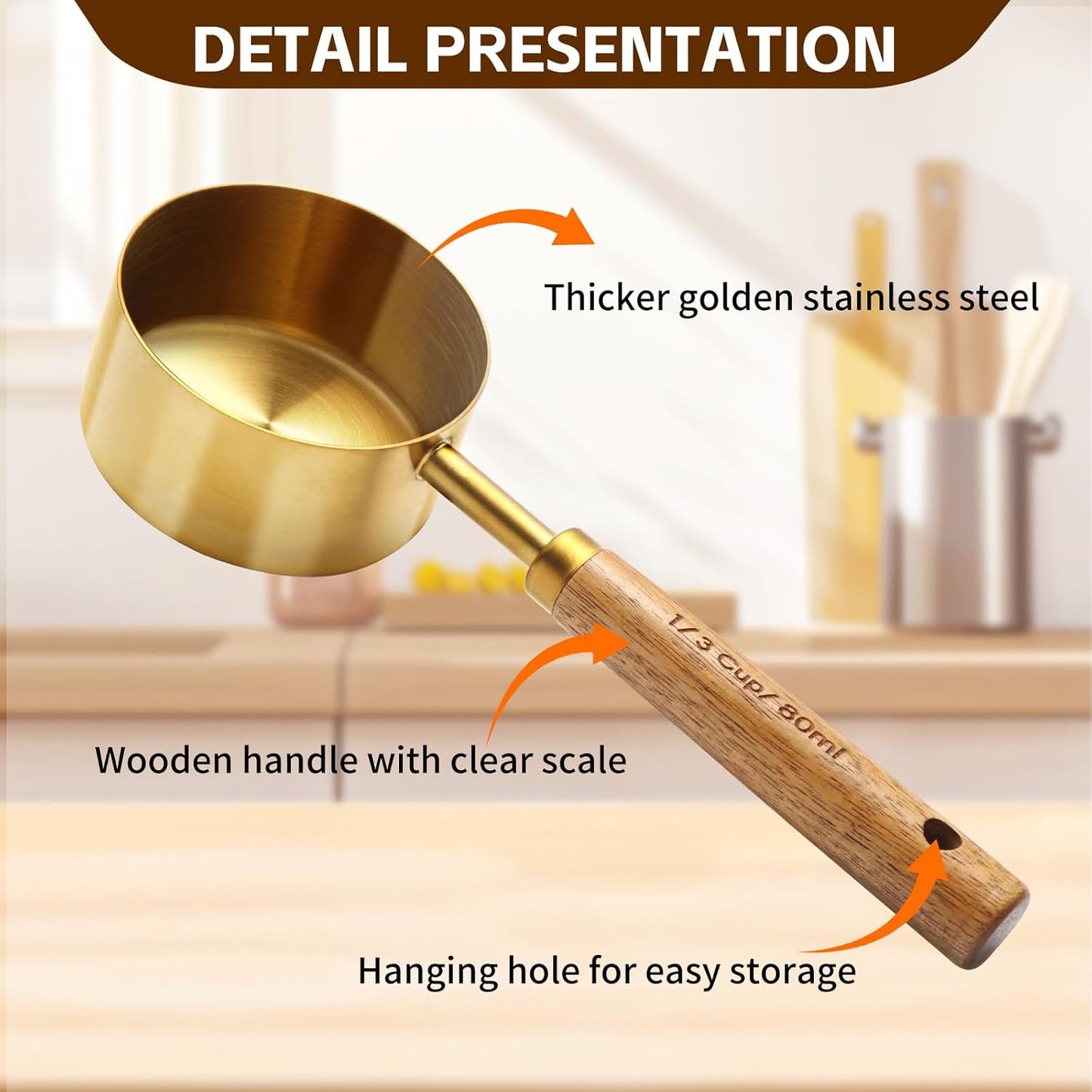 4 Piece gold measuring cups set，Golden Stainless Steel Measuring Cup and spoons set with Wooden Handle for Food/Liquid/Baking in the Kitchen