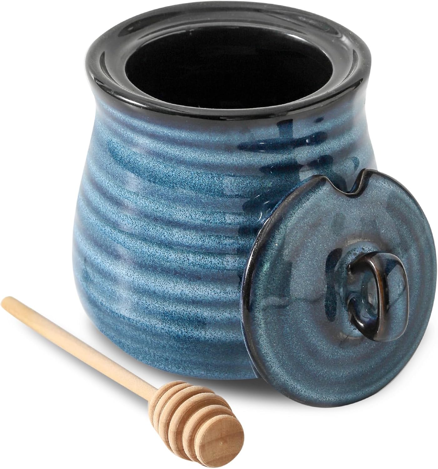 Ceramic 12 Ounce Honey Jar and Dipper Set,Porcelain Honey Pot with Lid and Wooden Dipper,Cute Honey Containers for Party,Holiday,Halloween Favors,Farmhouse Kitchen Decor,Dishwasher Safe,Blue