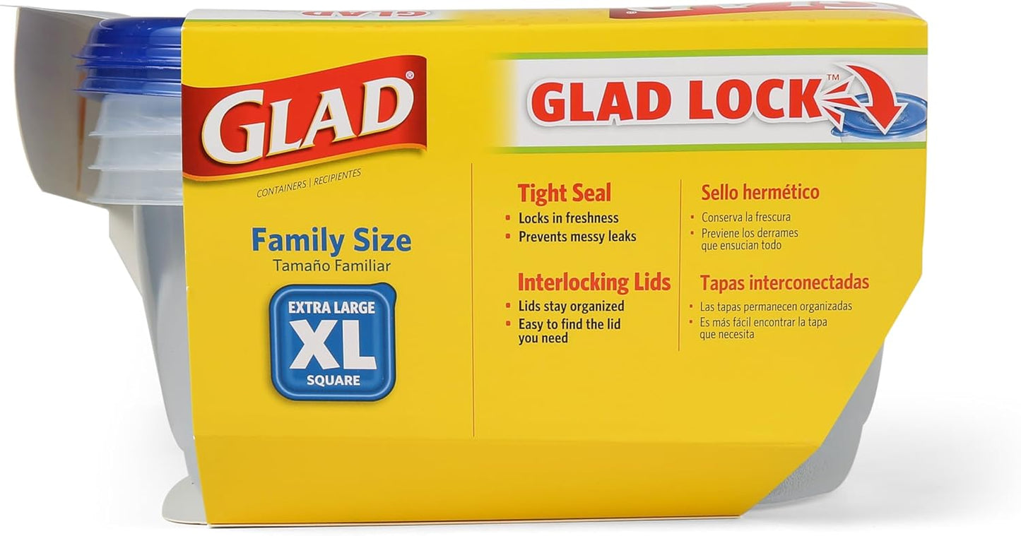 Glad GladWare Family Size Food Storage Containers, XL Square - Meal Container Holds up to 104 Ounces of Food - Lock Tight Seal, 3 Count