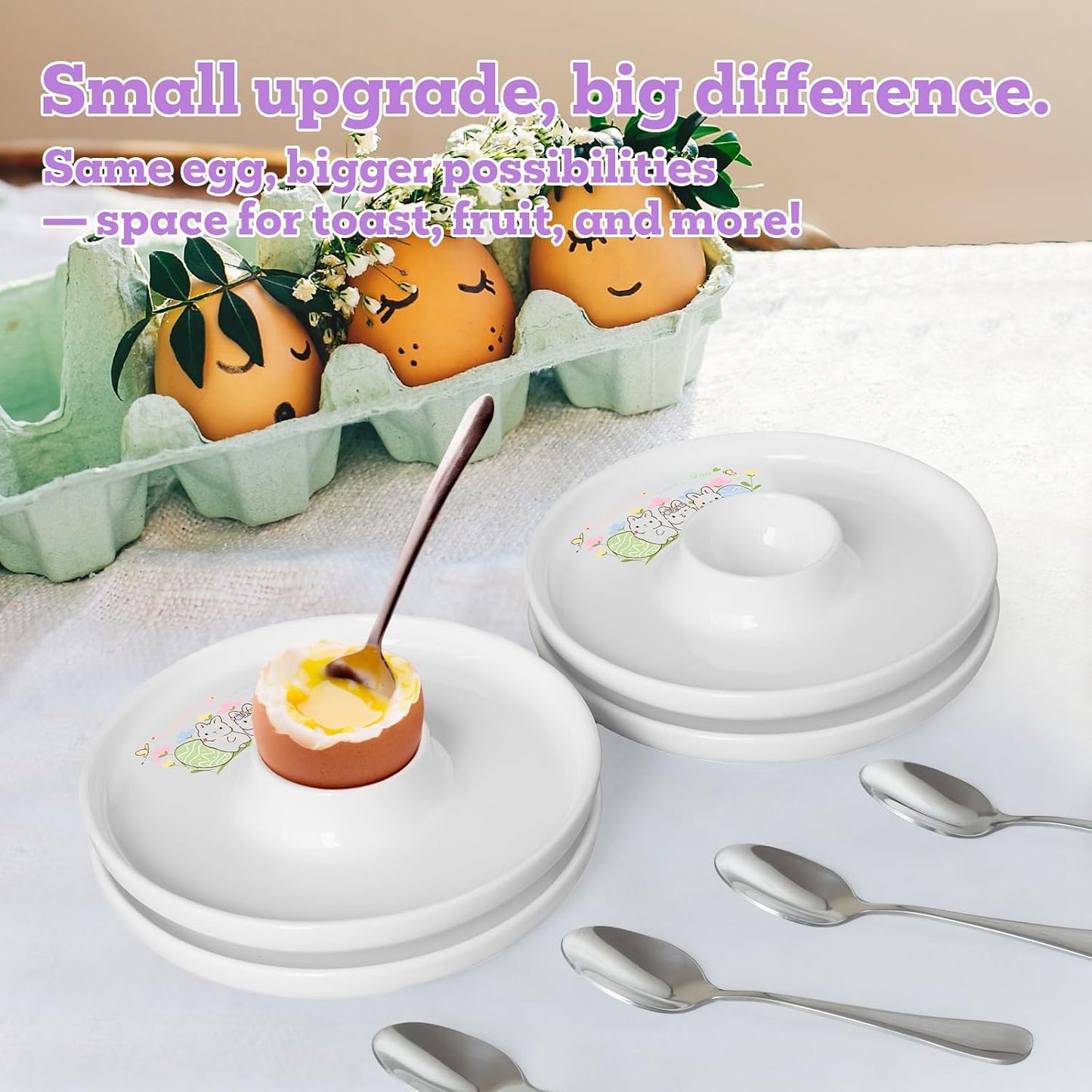 Cinf EggHolder & Spoon Set 4 Ceramic Egg Holders + 4 SS Spoons Breakfast Plate Easter Rabbit 5.5'' Food Container Egg Tray Dinner Serving for Hard Boiled Eggs, Easter & Deserts Kitchen