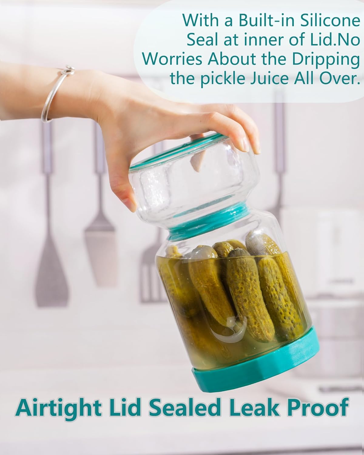ZENS Pickle Jar with Strainer Flip, 51oz Pickle Container Pickle Juice Separator Teal Hourglass Jar for Olive Keeper, Leakproof Pickle Holder Jars for Pickling Dill Sliced Storage, Gifts for Mom