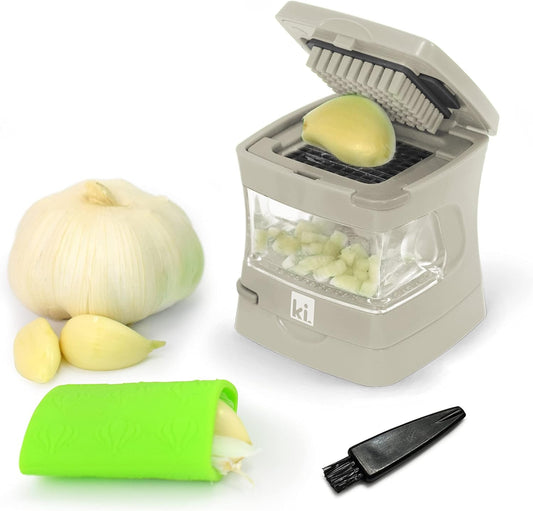 Garlic-A-Peel Garlic Press, Crusher, Cutter, Mincer, and Storage Container - Includes Silicone Garlic Peeler - Easy to Clean - Stainless Steel Blades – (Cream), standard