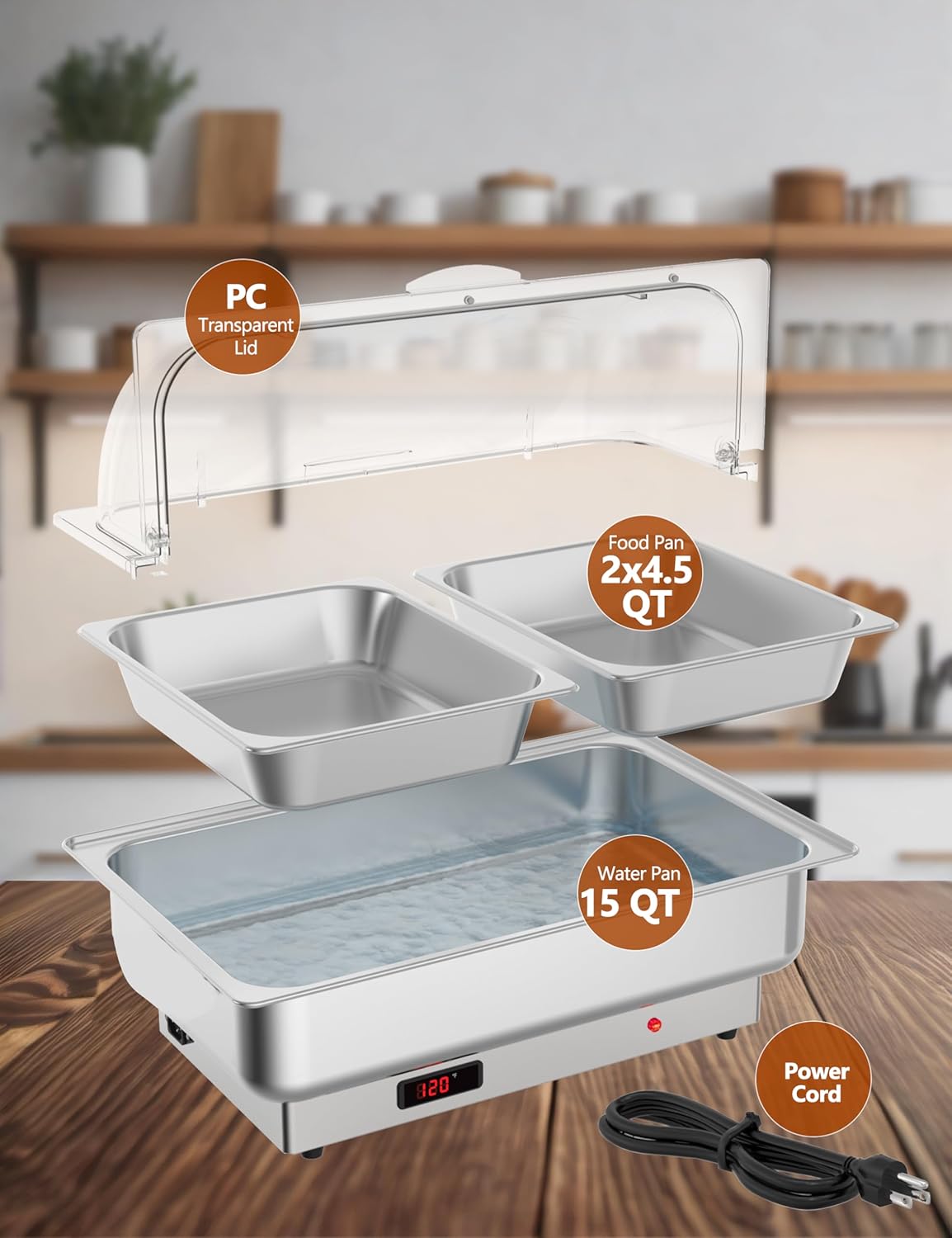 2 Pack Electric Chafing Dishes Adjustable Temp Roll Top Food Warmer with 2 x 4.5 QT Size Pans, Stainless Steel Buffet Servers and Warmers, Temp Display Food Warmer Transparent Lid Chafers for Parties