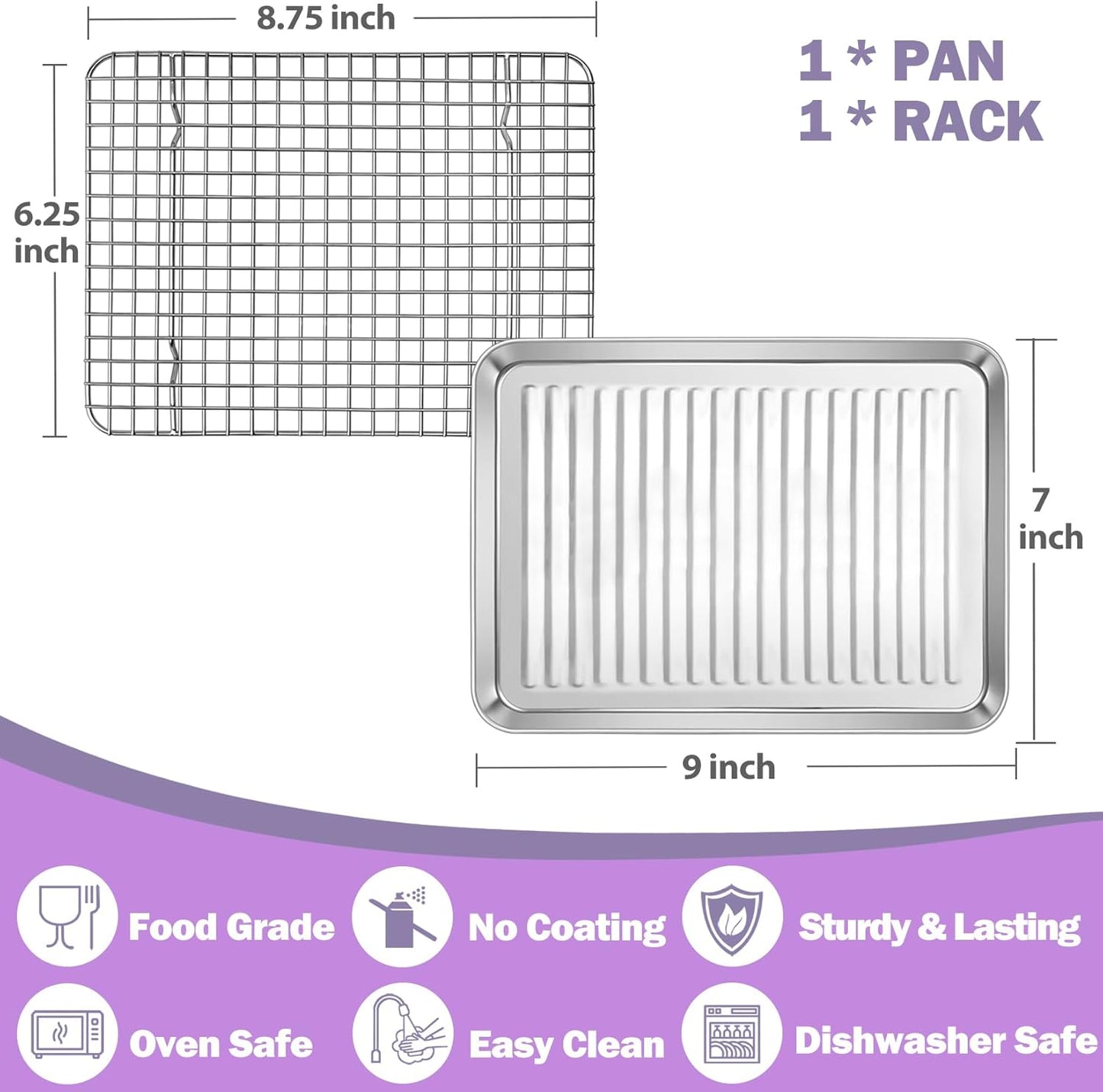 P&P CHEF Toaster Oven Pan with Wire Rack, Stainless Steel Baking Oven Sheet Tray, Bacon Pan and Cooling Rack for Cooking Roasting Cookie, Dishwasher Safe & Easy Clean, 9 x 7 x 1 Inch
