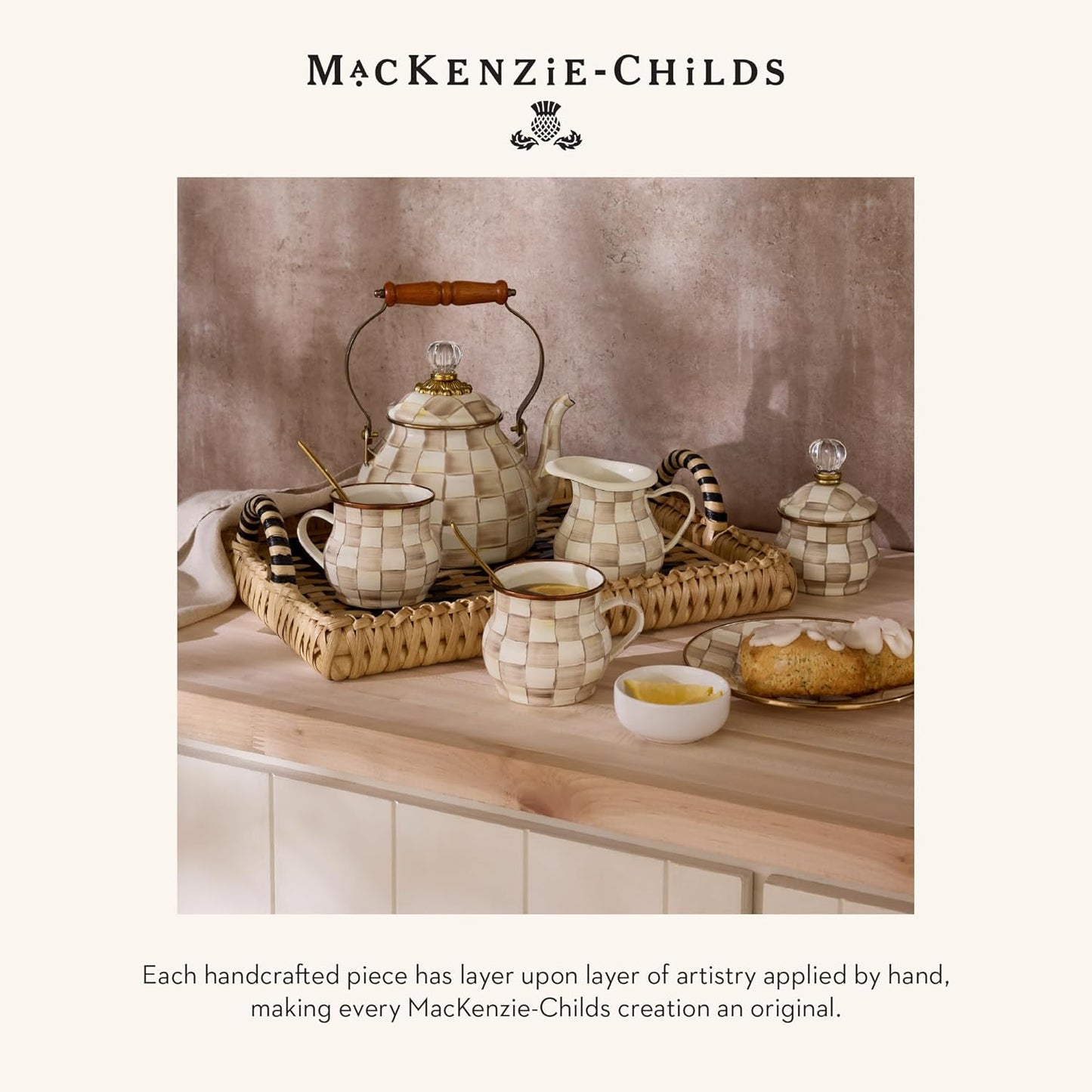 MACKENZIE-CHILDS Enamel Ice Cream Bowl, Serving Bowls for Entertaining, 2-Cup Capacity, Brown-and-White Mocha Check
