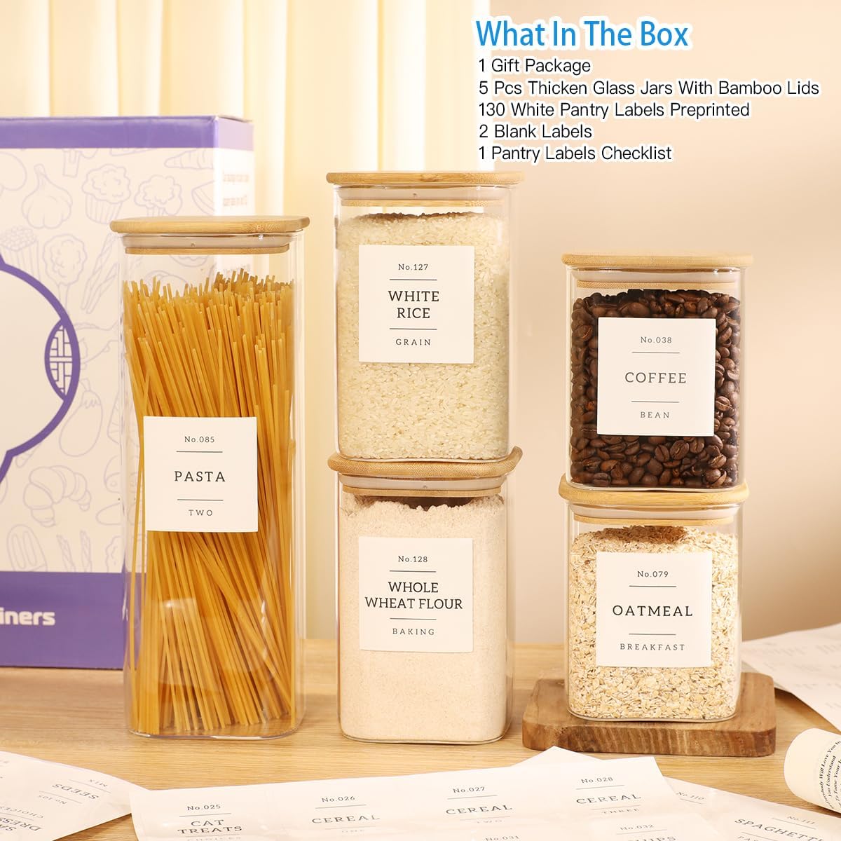 5 Pack Square Glass Pantry Storage Containers with 132 Kitchen Food Pantry Labels - Clear Glass Pantry Jars with Airtight Wood Bamboo Lids - Glass Canisters for Pasta, Cereal, Coffee, Flour, Sugar