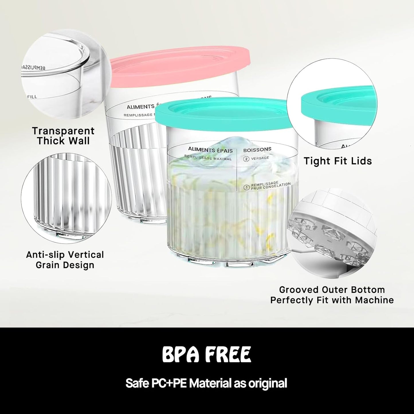 Pints for Ninja Creami Deluxe NC500 Series Creami Deluxe Ice Cream Makers, BPA-Free & Dishwasher Safe, Color Lids, 4 Pack, 24OZ Family Ice Cream Storage Containers Clear/Coral/Yellow/Green/Blue