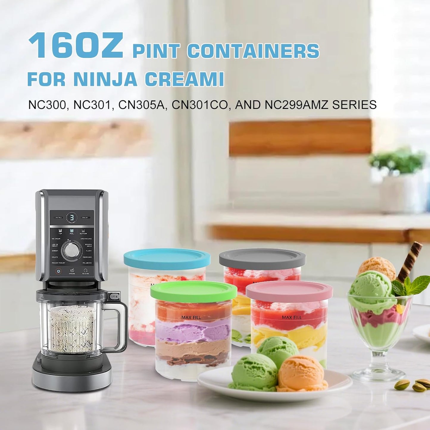 Containers Replacement for Ninja Creami Pints and Lids - 4 Pack, 16oz Pints Compatible with NC301 NC300 NC299AMZ Series Ice Cream Maker - Dishwasher Safe, Leak Proof Lids Pink/Mint/Grey/Blue