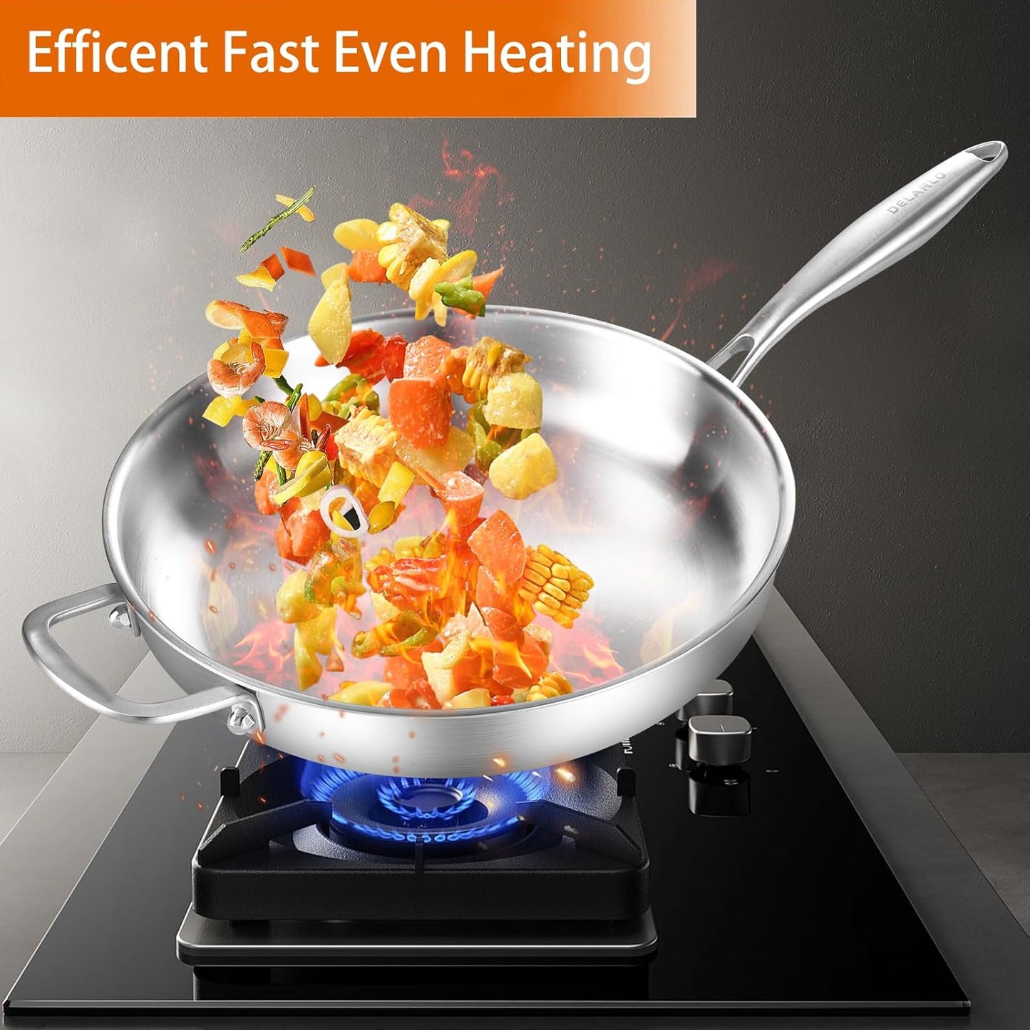 DELARLO Tri-Ply Stainless Steel Pan with Lid 12inch丨Compatible with All Cooktops Up to 600℉丨Stainless Steel Skillet 12 inch丨Heavy Duty丨Frying Pan with Lid丨18/10 Large Cooking Surface