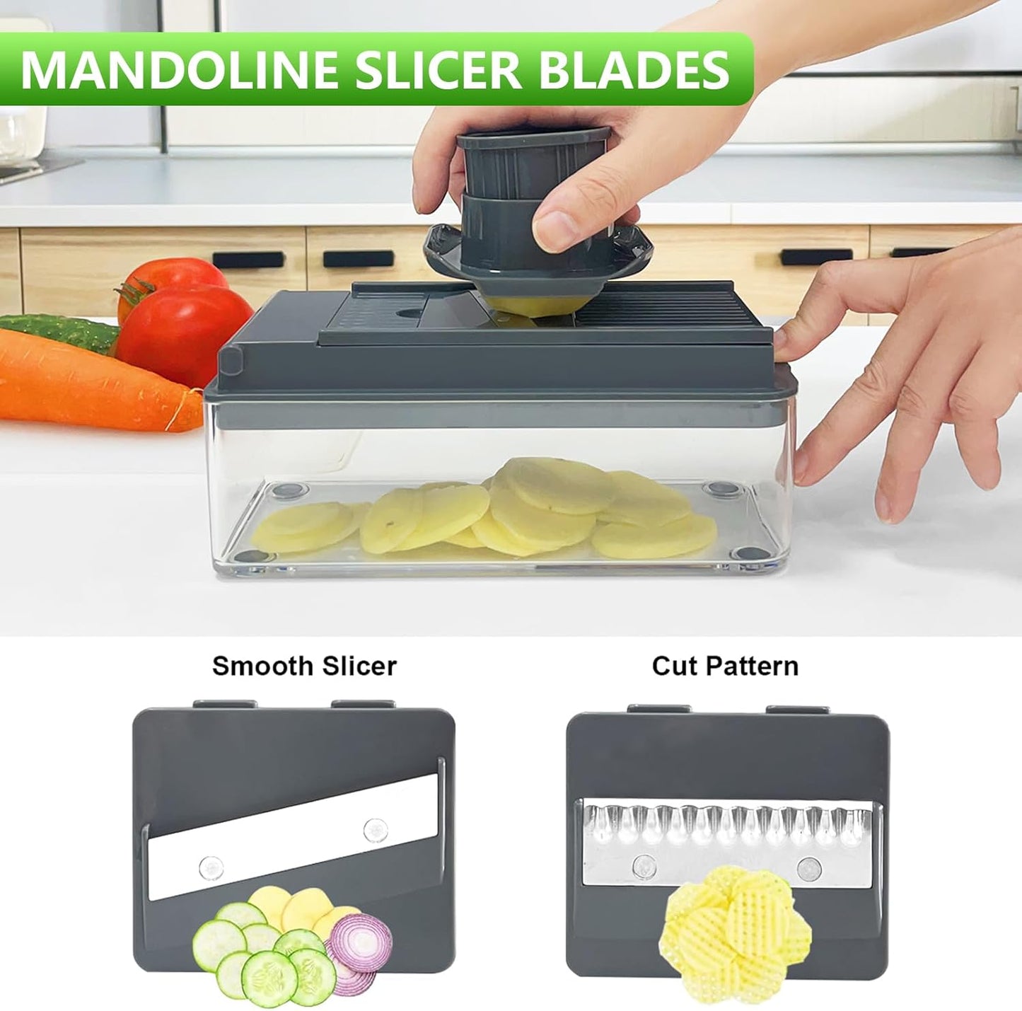 Vegetable Chopper, Onion Chopper Dicer, Mandoline Slicer, Food Chopper with Container, Vegetable Cutter for Salad Potato Carrot Garlic（9 Blades, Grey）