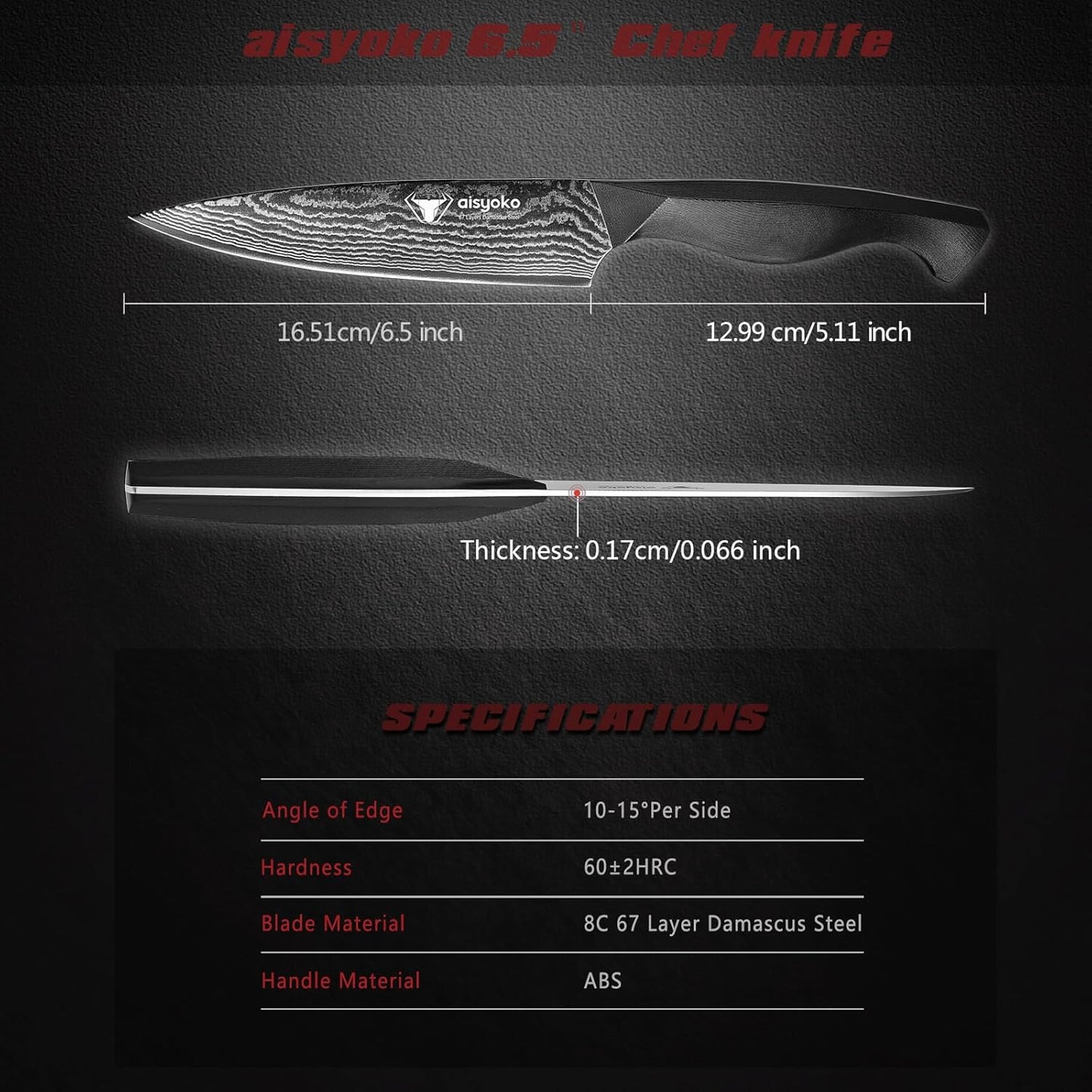Professional Chef Knife 6.5" Damascus Kitchen Knife 8C High carbon stainless steel Super sharp,Full Tang ABS Anti-Skid Handle utility knife Japanese Cooking Knife with Luxury Gift Box