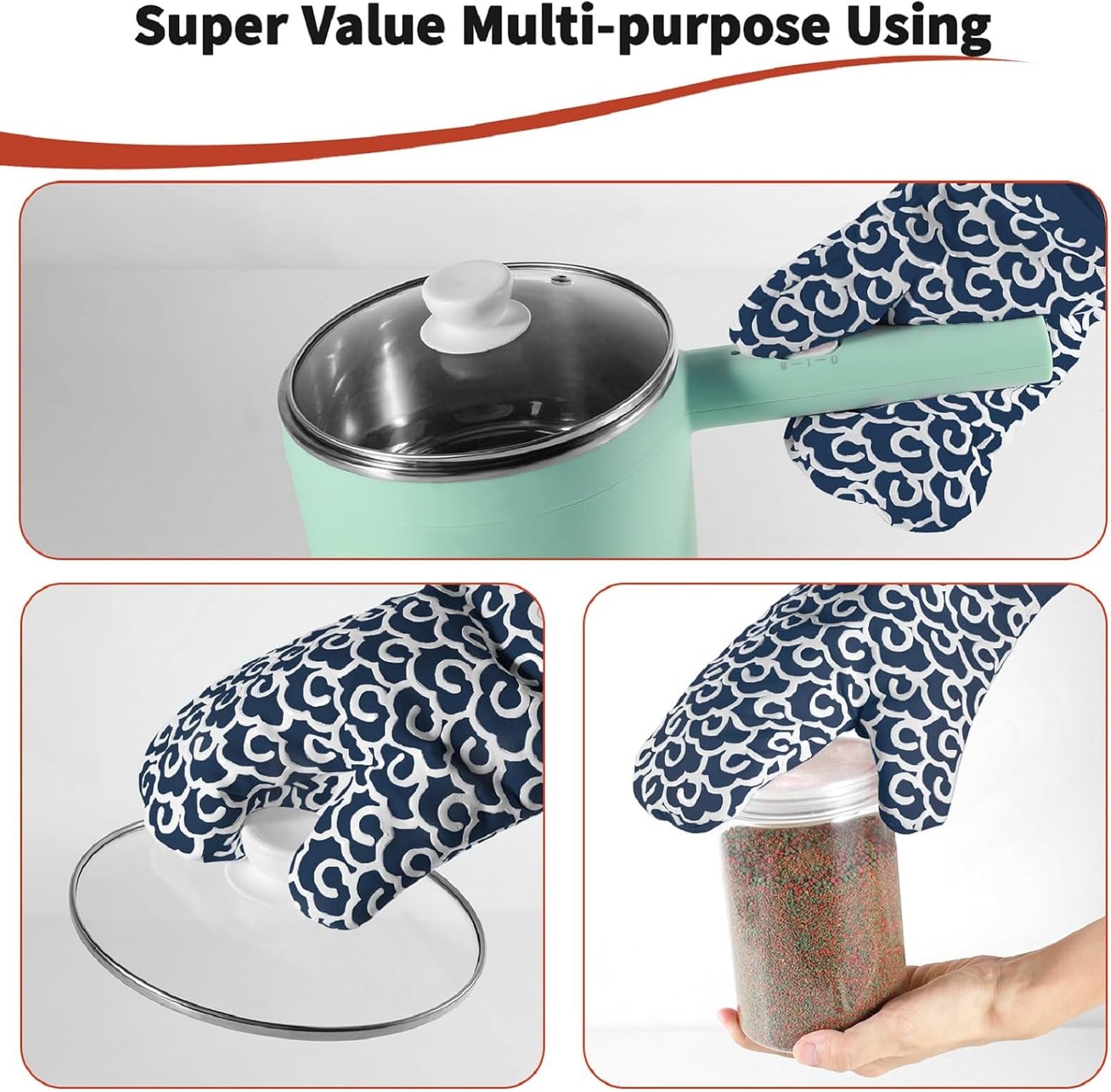 Extra Long Oven Mitts,High Heat Resistant 500 Degree Oven Gloves with Soft Cotton Lining and Non-Slip Silicone, Perfect for BBQ,Baking,Cooking and Grilling- 1 Pair (Blue)