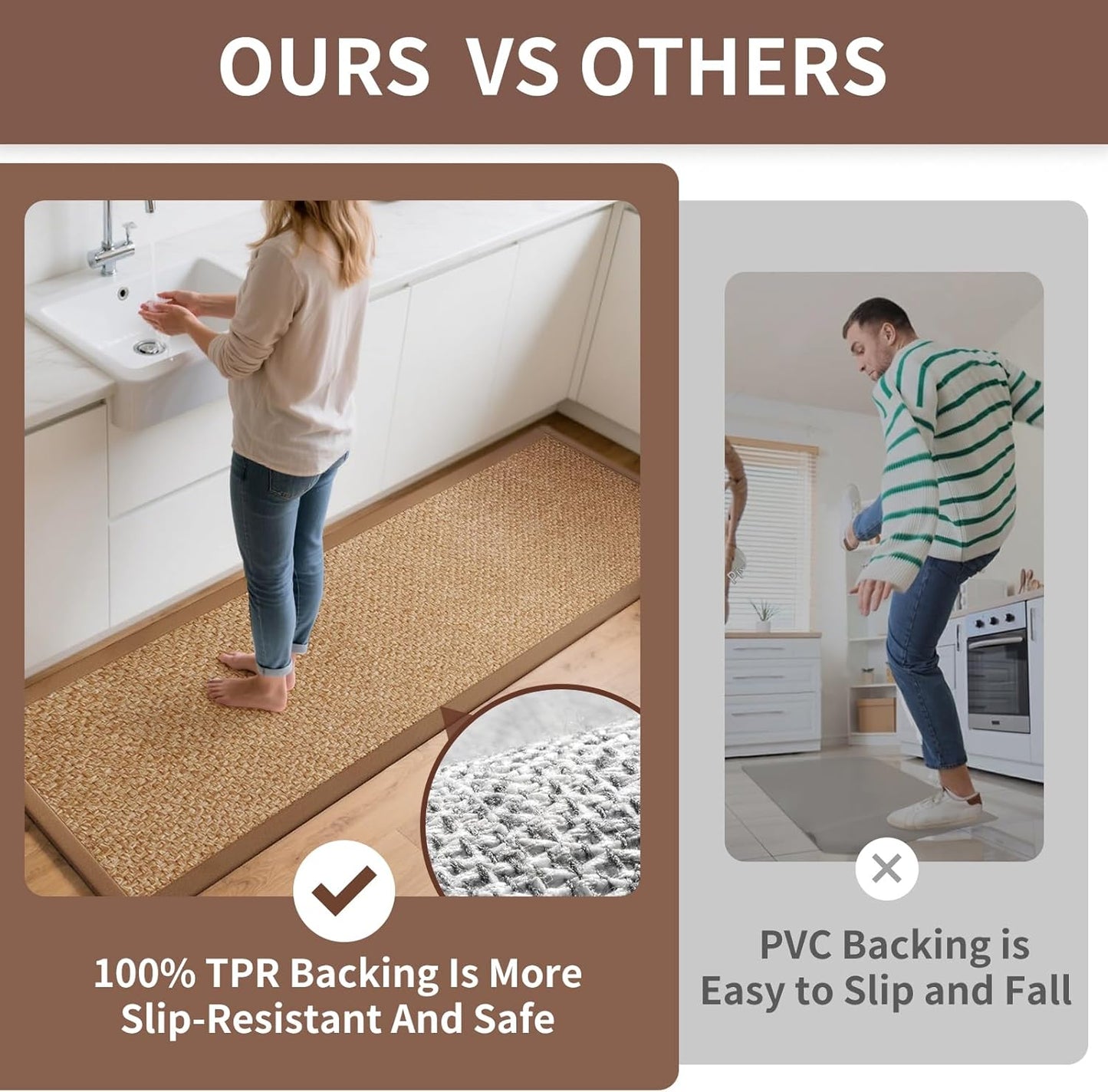 Kitchen Runner Rugs Non Slip Washable, Super Absorbent Kitchen Mats for Floor, Rubber Backing Jute-Like Braid Long Sink Mat Standing Floor Mat, Machine Washable, Brown 17"x59"