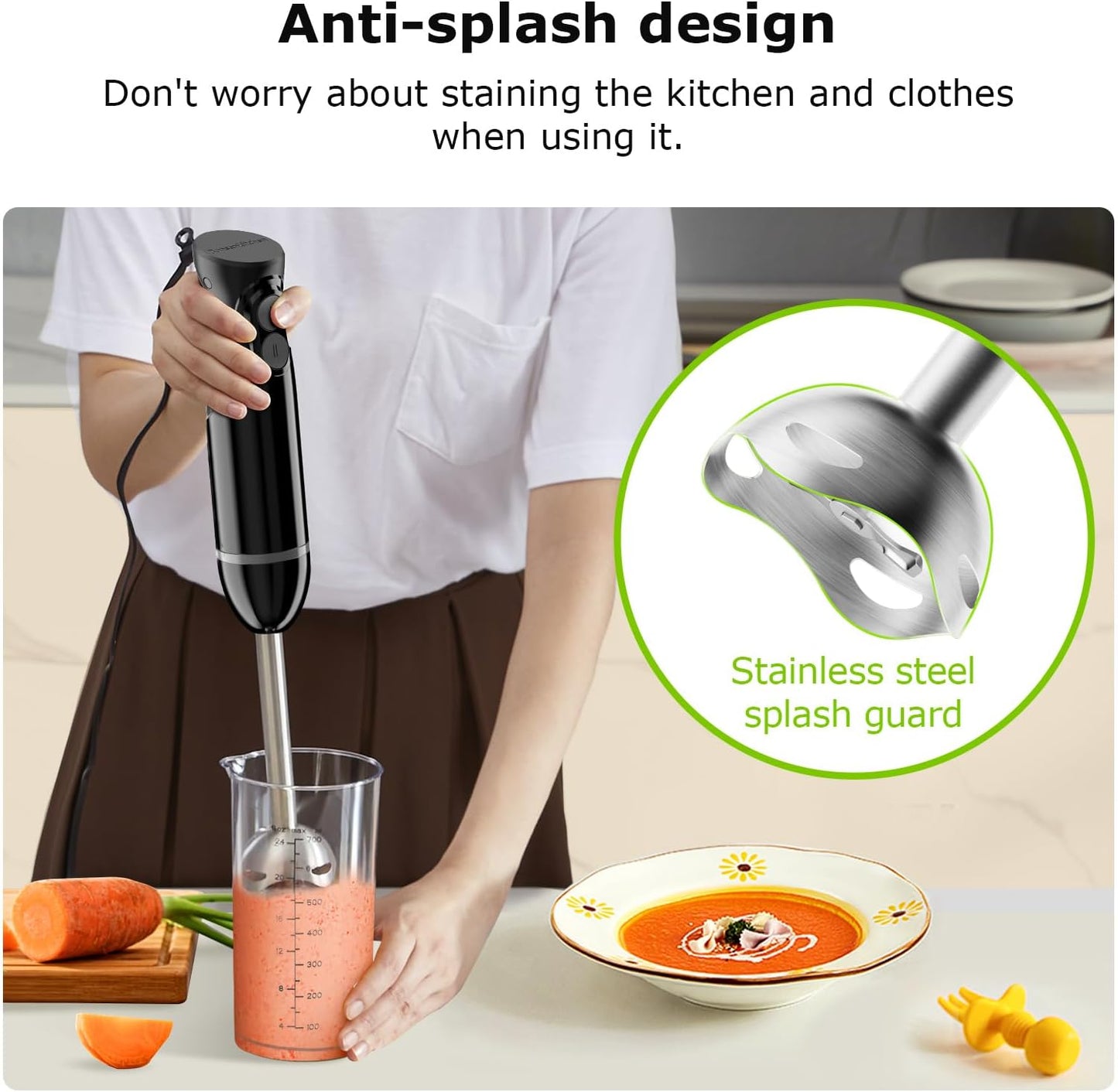Bonsenkitchen Hand Blender, Immersion Blender with 2 Mixing Speed, Electric Handheld Mixer Portable Stick Mixer with Stainless Steel Blades for Soup, Smoothie, Puree, Baby Food