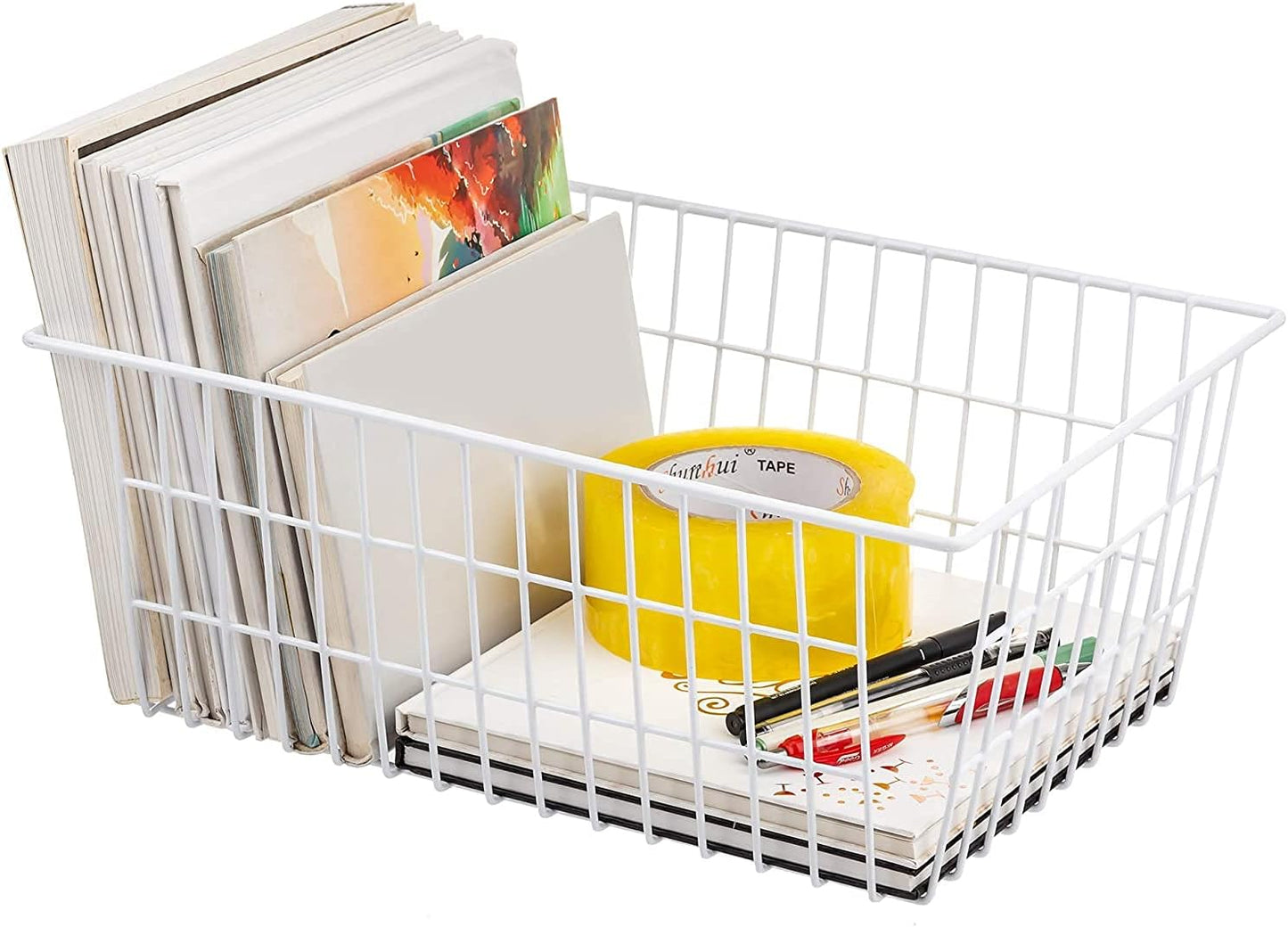 Redrubbit Wire Storage Baskets, Large Farmhouse Metal Freezer Basket Storage Organizer Bins with Handles for Kitchen Cabinets, Pantry, Closets, Bedrooms, Bathrooms, Set of 6, White