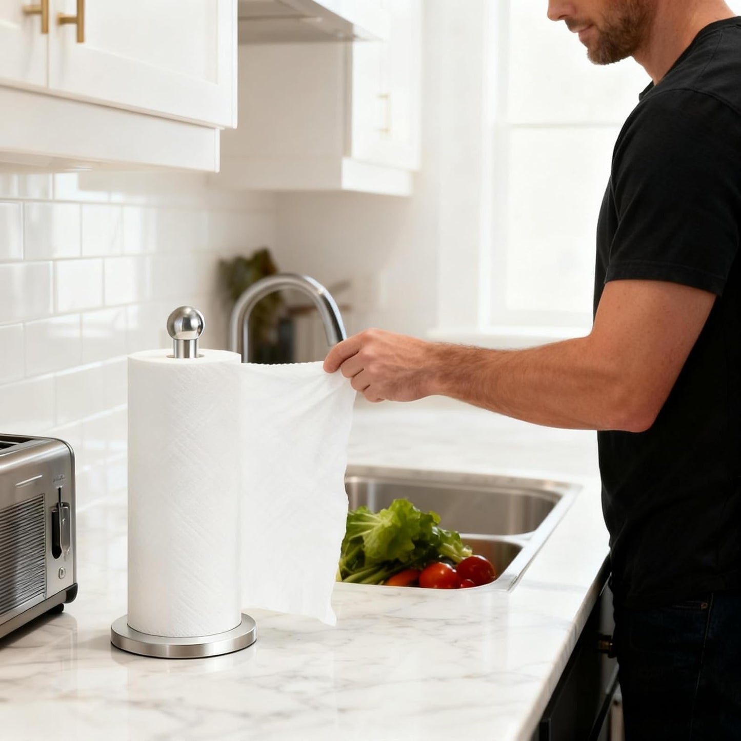 DAWNER Paper Towel Holder Countertop, Freestanding Kitchen Paper Holder Stand, One-Handed Tear, Stainless Steel, Paper Towel Dispenser with Weighted Base for Standard Towel Rolls, Brushed Nickel