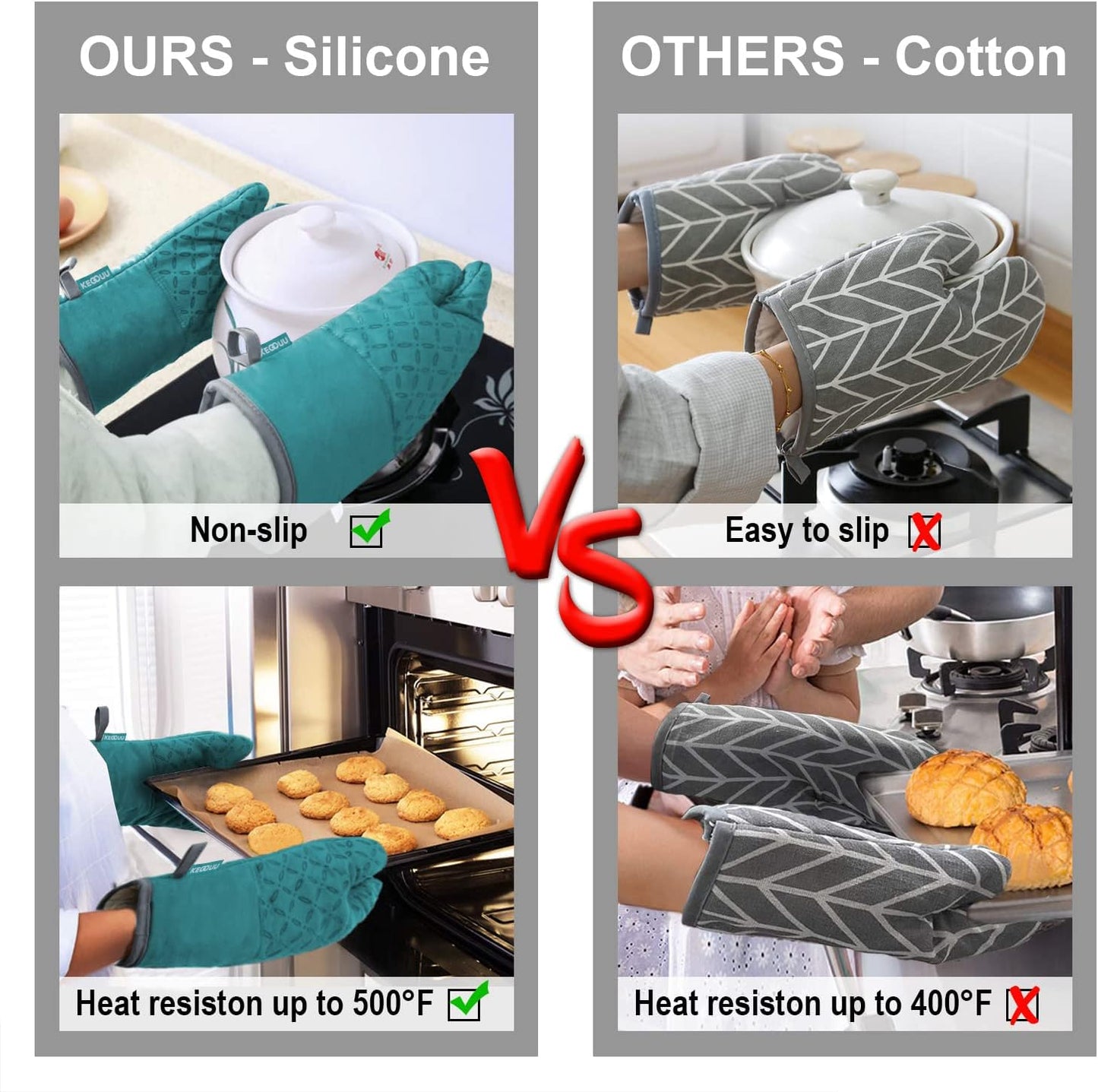 KEGOUU Oven Mitts and Pot Holders 6pcs Set, Kitchen Oven Glove High Heat Resistant 500 Degree Extra Long Oven Mitts and Potholder with Non-Slip Silicone Surface for Cooking (Lake Blue)