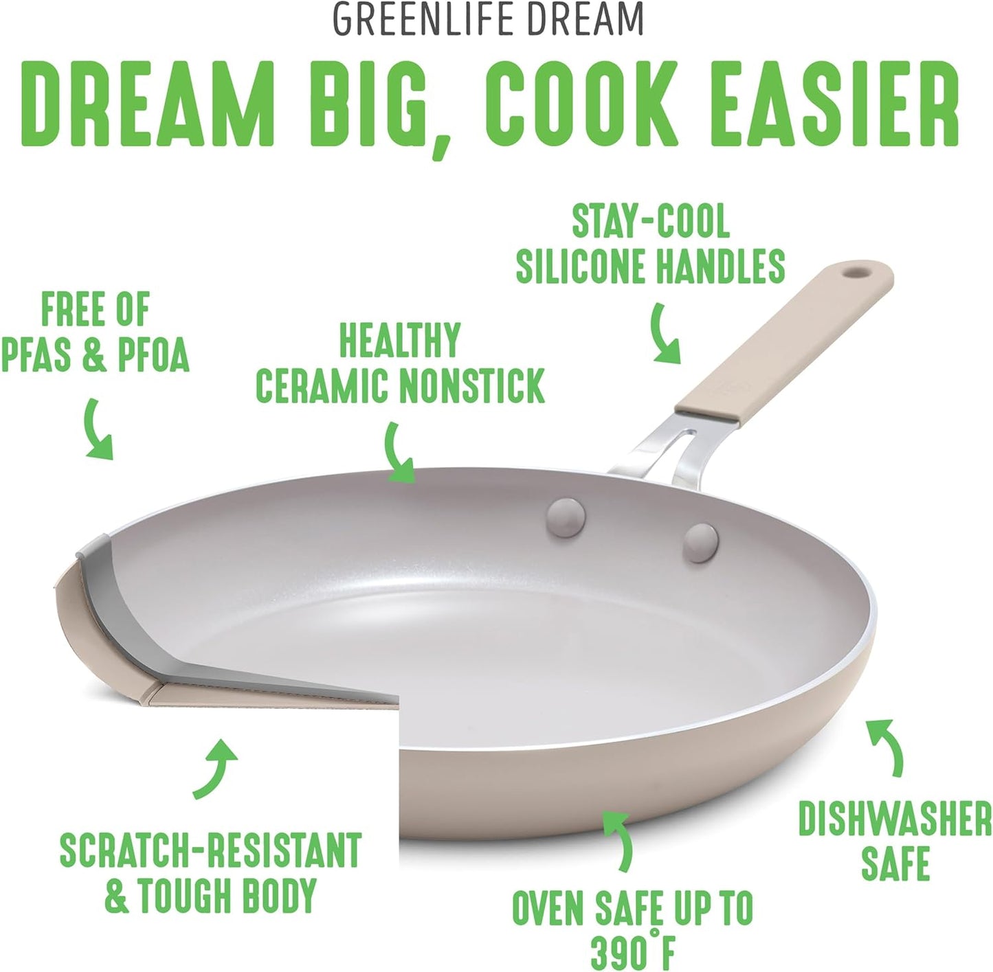 GreenLife 8” & 10” 2 Piece Nonstick Ceramic Frying Pan Set, Lightweight Healthy PFAS-Free Skillets, Dishwasher & Oven Safe, Durable Body, Silicone Stay-Cool Handles, Easy Release, Taupe