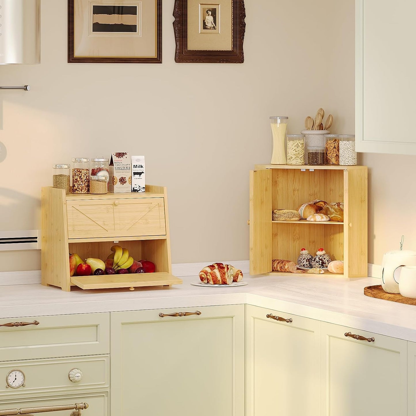 Vintage Double Layer Bread Box for Kitchen Counter Bamboo Bread Storage Container Large Capacity Bread Storage Bin (Natural Bamboo)