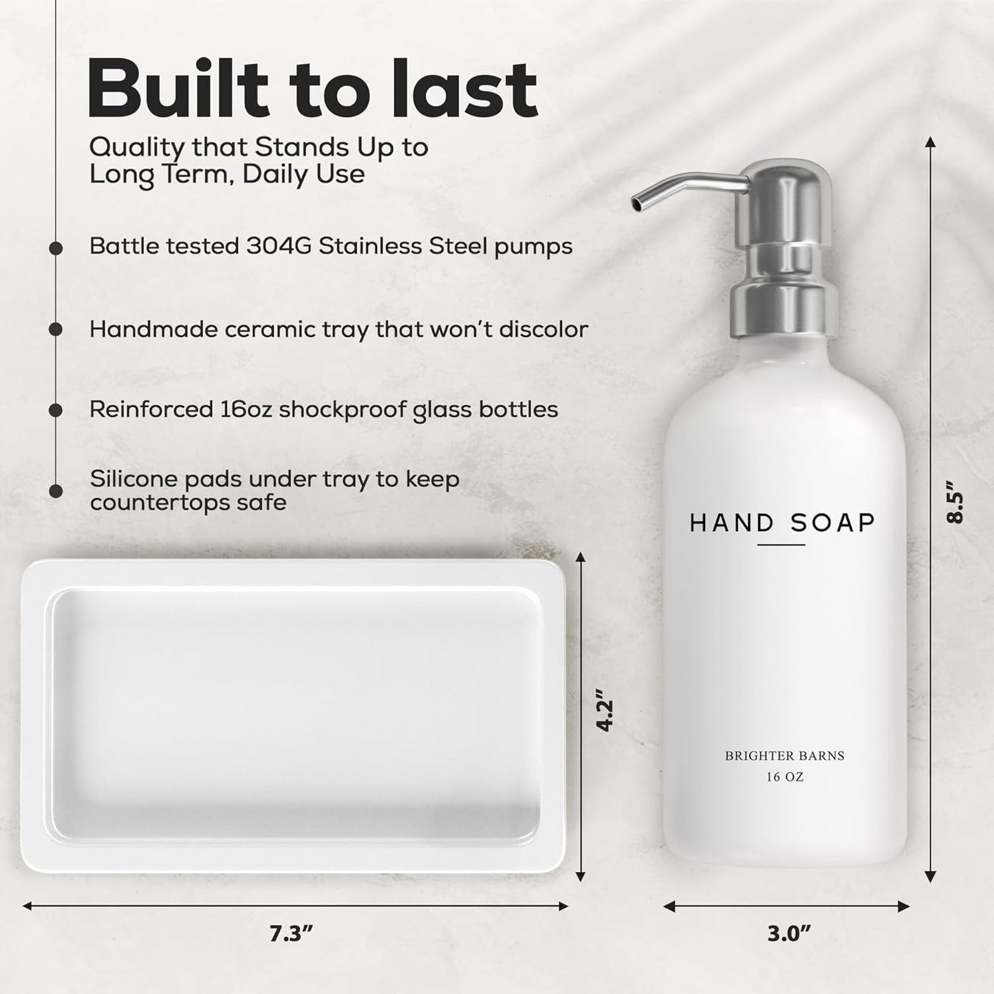 White Glass Soap and Lotion Dispenser Set by Brighter Barns - Bathroom Soap Dispenser Set Tray - Liquid Hand Soap Dispenser Pump - Modern Bathroom Accessories for Guest, Hotel, Spa, Restaurant (White)