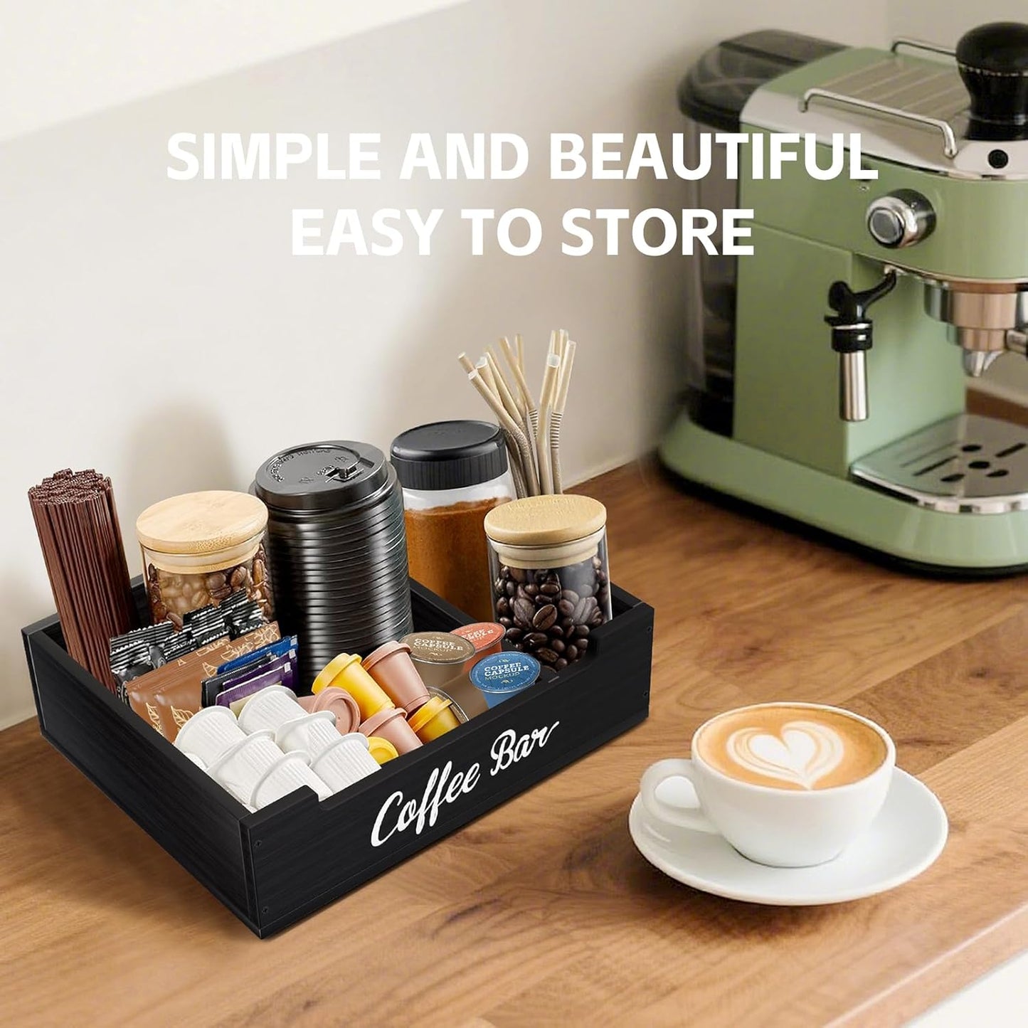 Coffee Pod Bar Station Wooden 14" X 10" X 4" Organizer Box for Countertop, Counter Top Tea Espresso Cup Wood Storage Box, Onyx