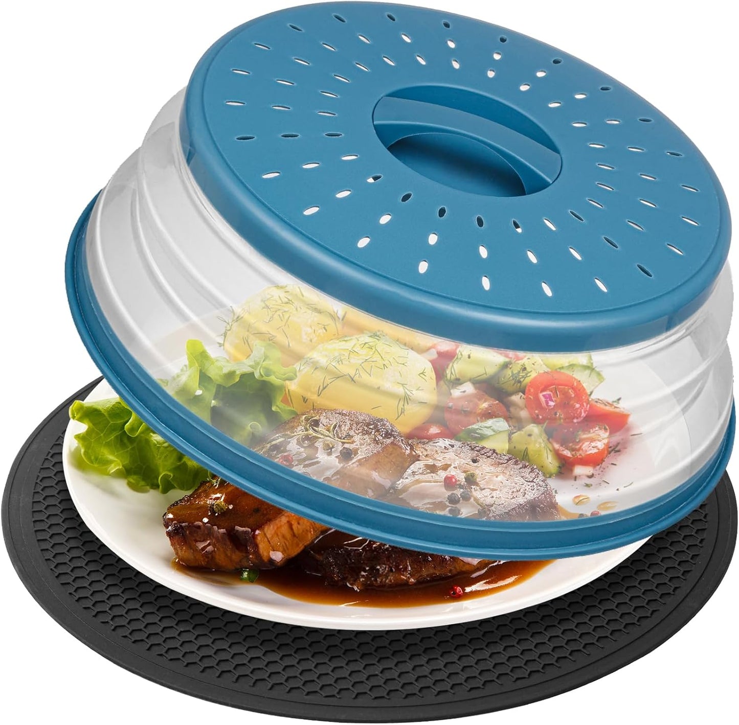 2 in 1,WENWELL Microwave Splatter Cover for Food & Mat, Vented Collapsible Kitchen dish bowl Plate lid Can be Hung, Easy to Shake Hands,Drainer Basket,BPA-Free Silicone & Plastic