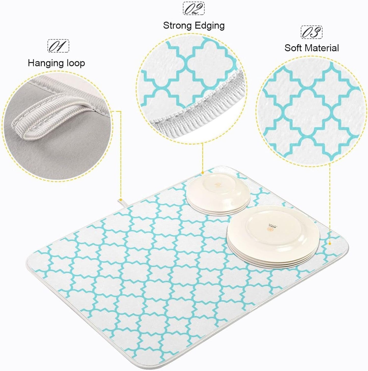 Senya Super Absorbent Dish Drying Mat, Microfiber Fast-Drying Dish Mat, 24inches x 18inches , Kitchen Dish Drying Pad, Traditional Quatrefoil Lattice Pattern