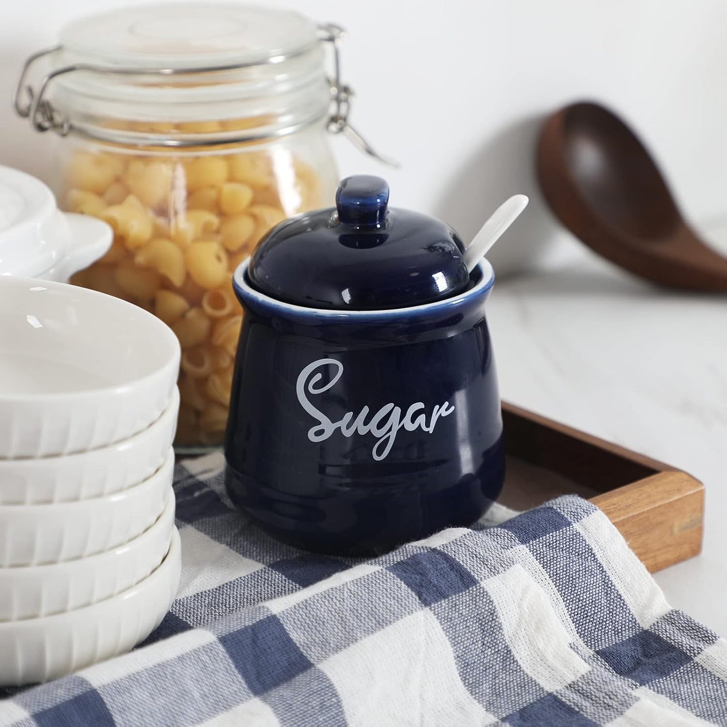 HAOTOP Farmhouse Porcelain Sugar Bowl with Lid and Spoon 12oz,Easy to Clean (Navy)