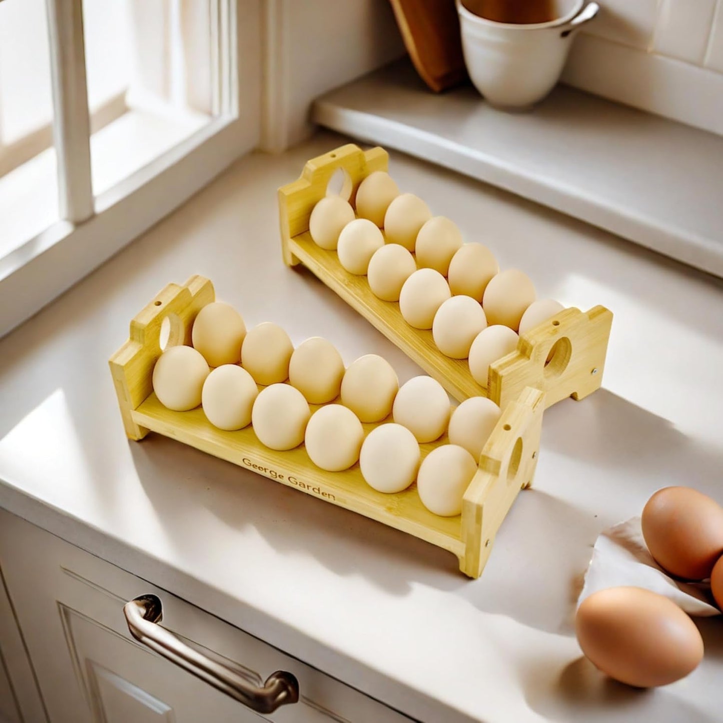 Bamboo Egg Holder Countertop - Stackable Design for 24 Eggs, Farm Fresh Egg Organizer Display Stand, Wooden Chicken Egg Storage Kitchen Counter Top Rack, Fits Duck, Turkey, Chicken Eggs