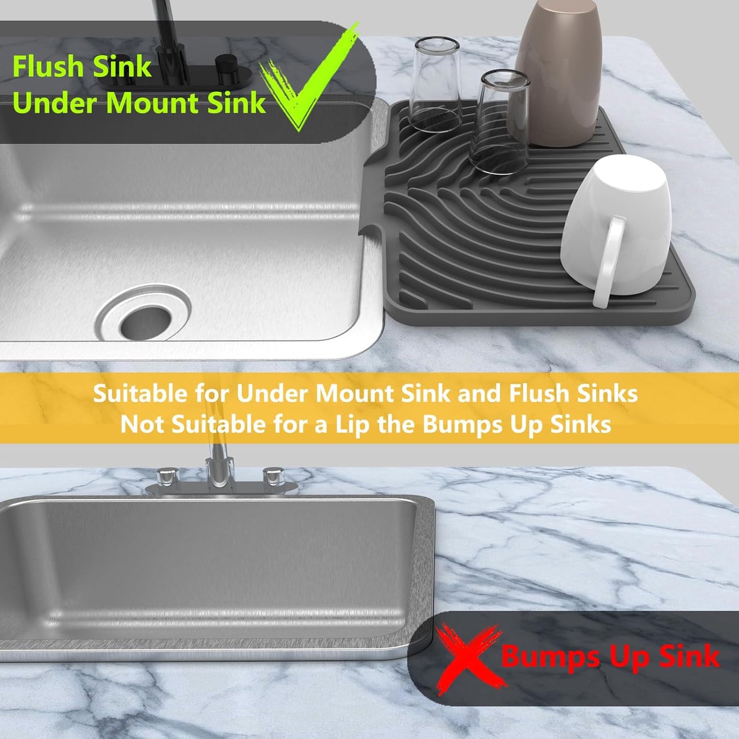 Dish Drying Mat ,14.6"×11" Silicone Drying Mat for Kitchen Counter with Board Drain,Rubber Kitchen Counter Dry Matt for Dishes Drying Rack(gray)