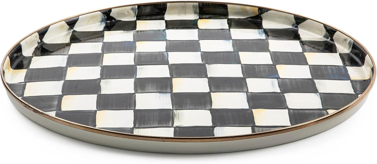 MACKENZIE-CHILDS Enamel Round Tray, Unique Serving Platter for Food and Drinks, Black-and-White Courtly Check