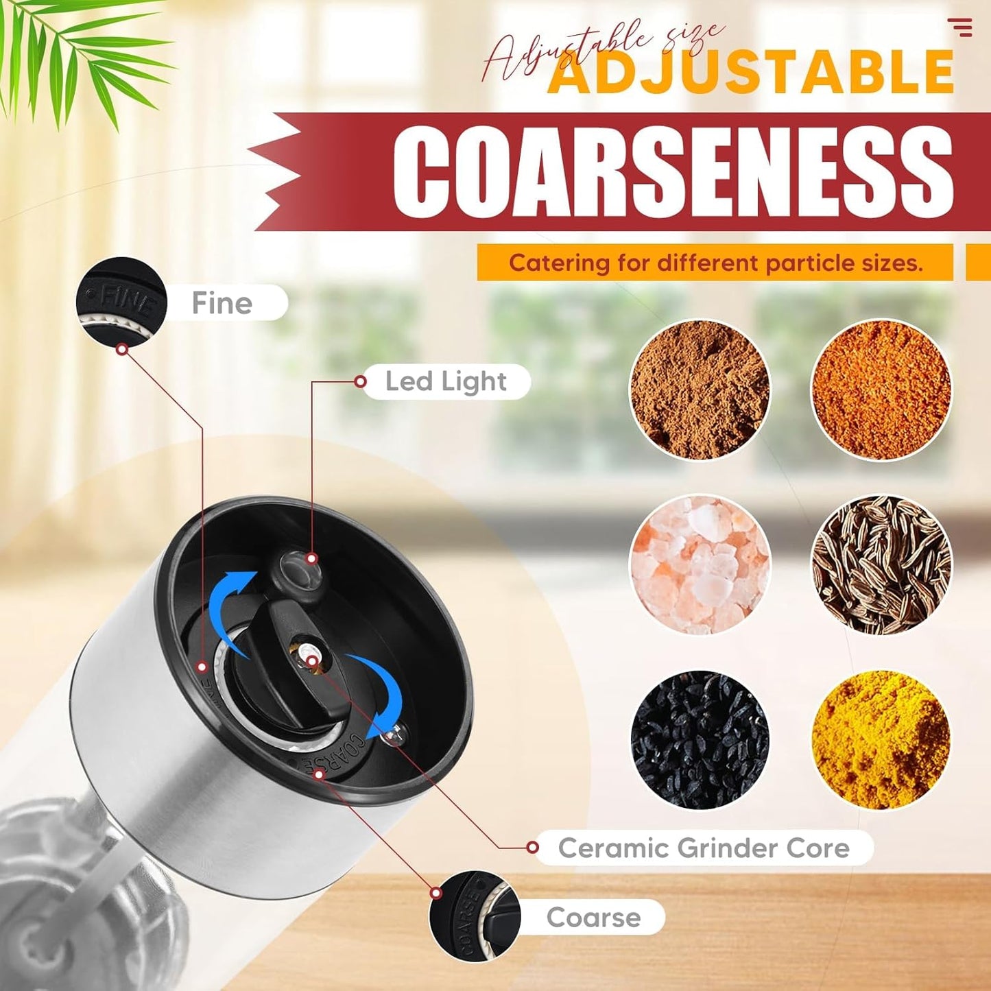 Electric Salt and Pepper Grinder Set with Charging Base, Stainless Steel Rechargeable Pepper Mills with 95ml Large Capacity, White LED Light and Adjustable Coarseness Grinder Ideal for Home, Kitchen