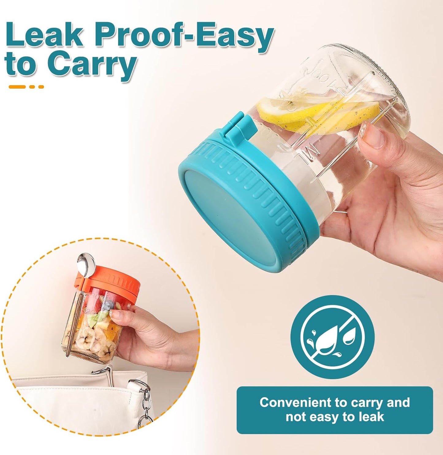 6 Pack Overnight Oats Containers with Lids and Spoons, 16 OZ Glass Mason Jars with Removable Separate Compartments, Airtight Leak Proof Oatmeal Container for Chia Pudding, Yogurt, Breakfast, Cereal