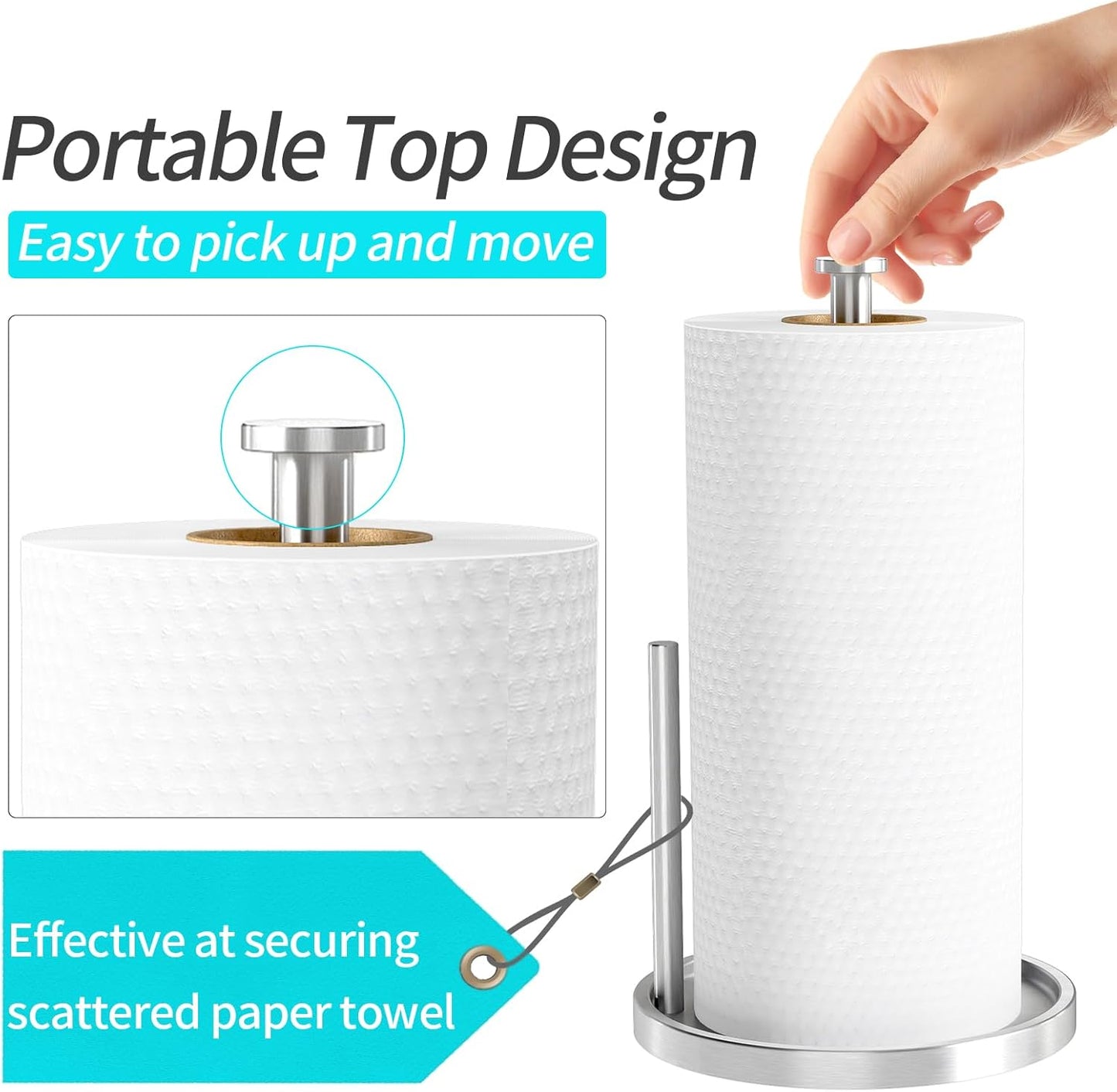Paper Towel Holder Countertop, Standing Paper Roll Holder with Anti Slip Weighted Base, Stainless Steel Freestanding Paper Towel Holder for Kitchen, Silver