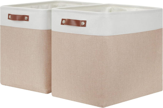 HNZIGE Large Fabric Storage Basket for Shelves, Rectangular Storage Bins Baskets for Storage, Canvas Collapsible Storage Bins with Handles for Organizing Home, Closet(White Beige)